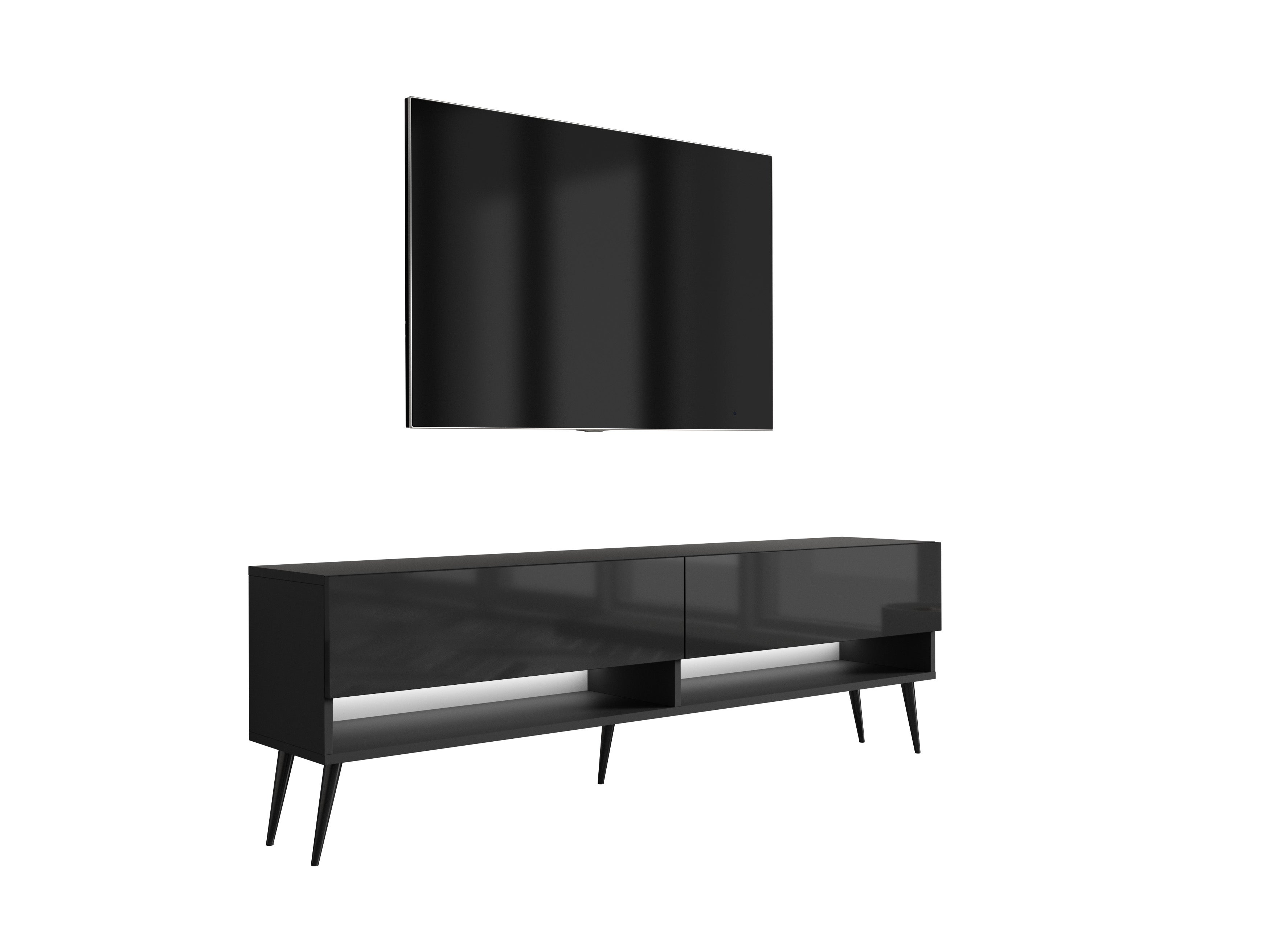 Szafka RTV : Czarny Mat / Czarny Połysk, nóżki pochyłe czarne, LED biały, 170 × 32 × 52 cm