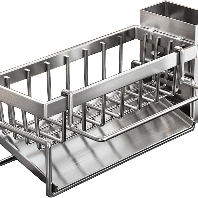 Organizer do zlewu kuchennego, ociekacz do zlewu kuchennego z tacką ociekową, uchwyt na gąbkę do zlewu kuchennego ze stali nierdzewnej, stojak na przy