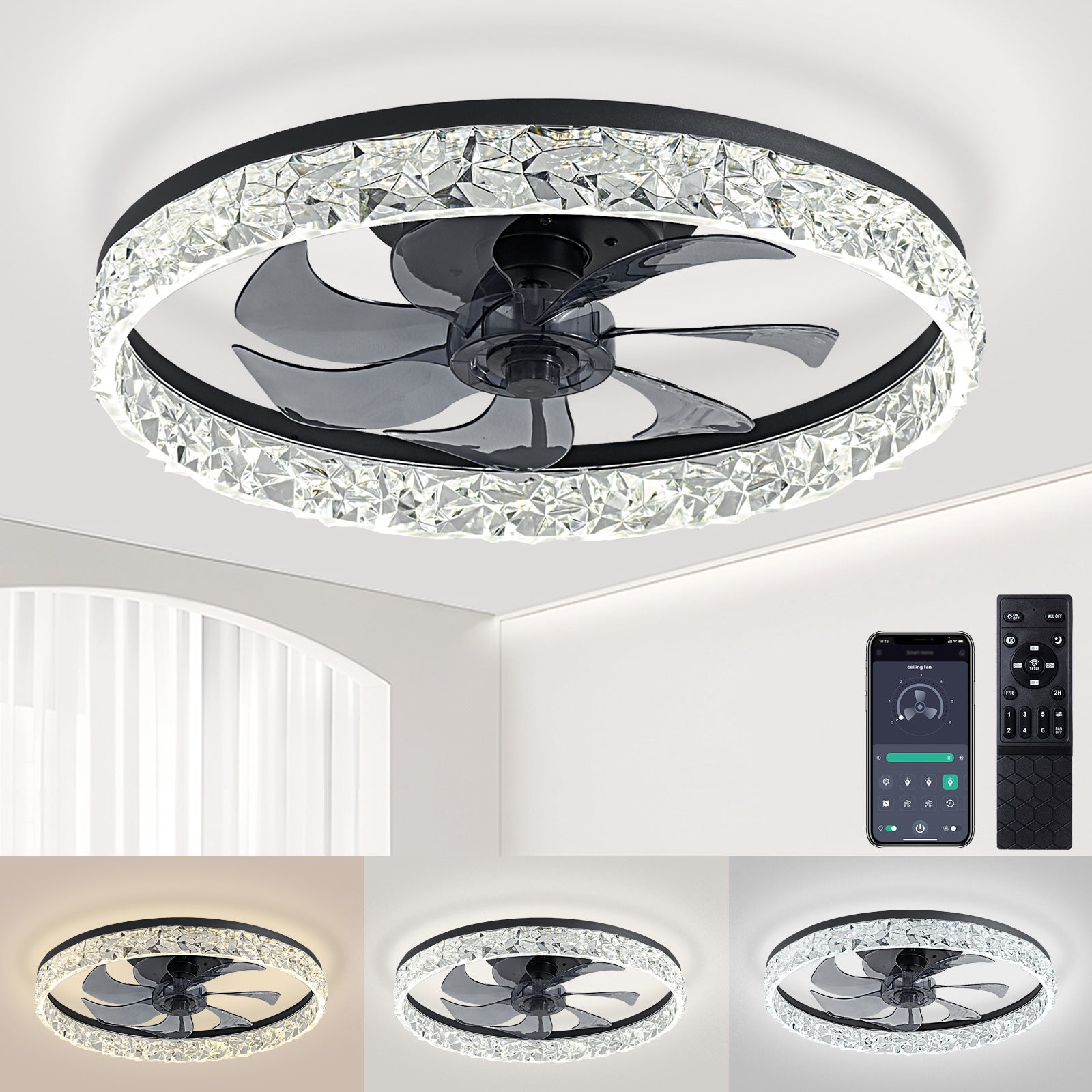 Ventilador de techo con luz, 220 v, modelo colgante con forma de diamante, brillo regulable, con mando a distancia, 50 cm de diámetro.