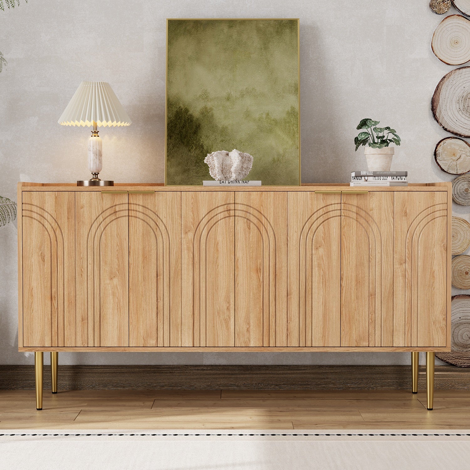 Nowoczesna komoda z 4 drzwiami - 140 x 38 x 75 cm - Płyta MDF, metalowe uchwyty i nogi w kolorze złotym - Naturalna