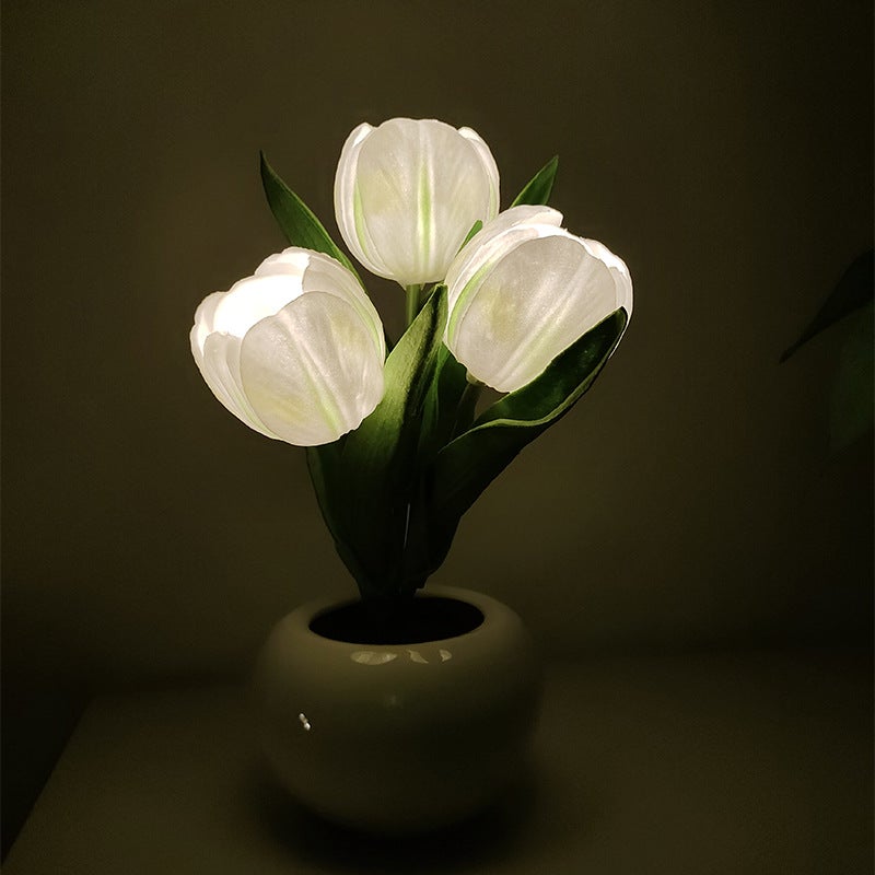 Lampy stołowe LED, lampka nocna z symulacją tulipanów z wazonem, ozdoby lamp do domu, salonu, biura, białe