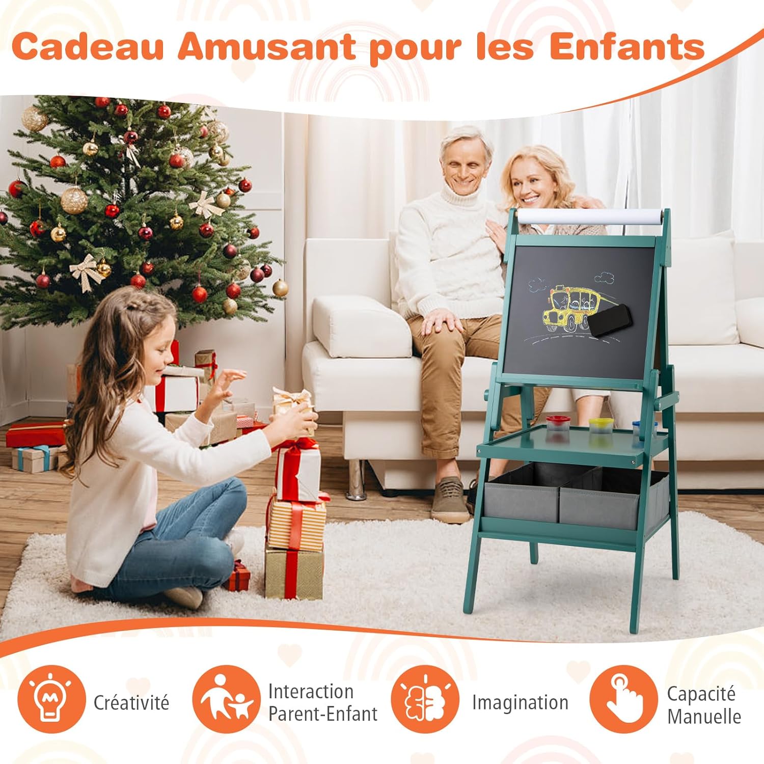 Tableau Enfant Double Face 3 en 1, Chevalet Enfant avec Tableau Blanc Noir et Rouleau de Papier, Chevalet Peinture en Bois, pour 3 à 6 Ans (Vert) - 5