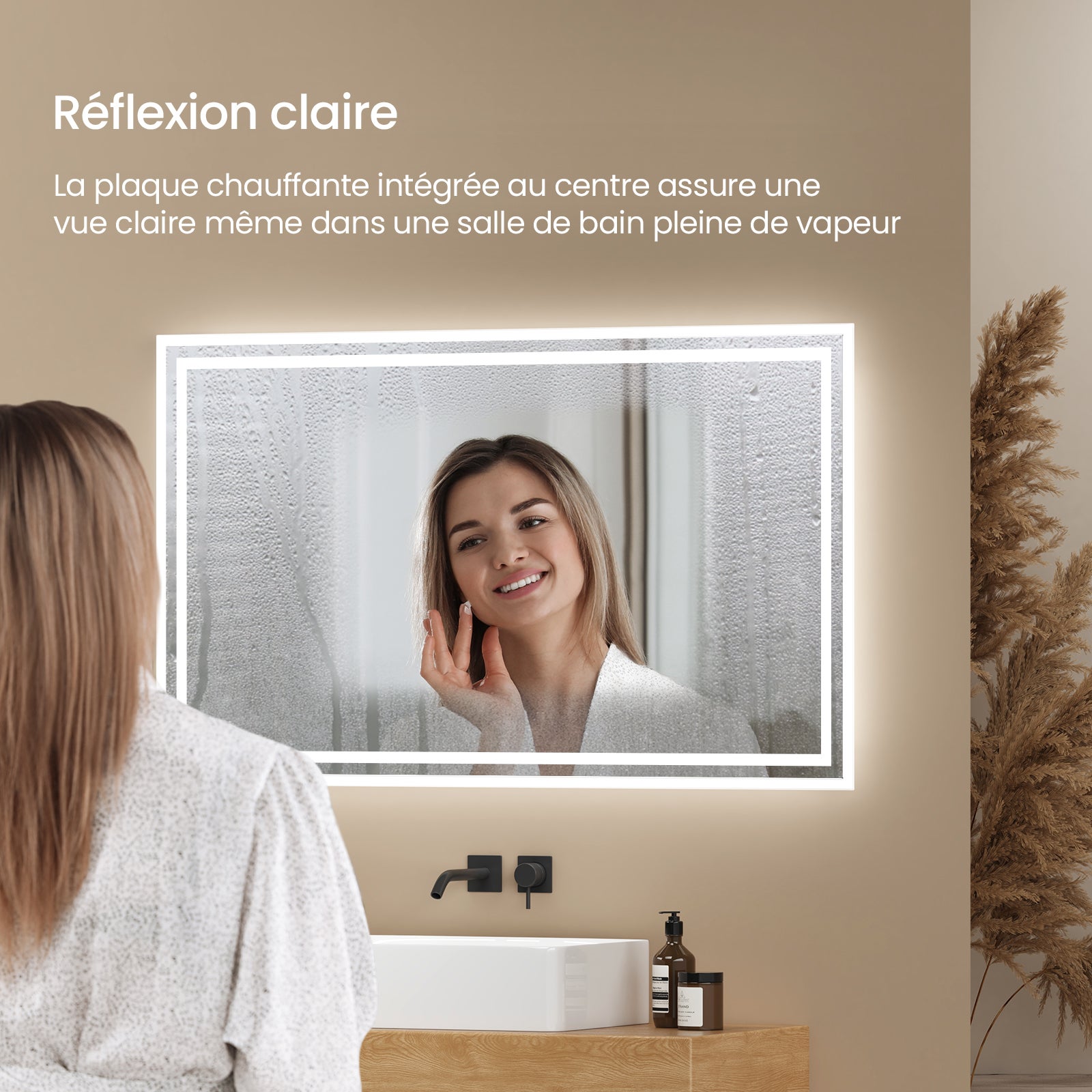 EMKE Miroir lumineux salle de bain 100x60cm, Miroir LED avec Interrupteur à bouton, Anti-buée, Miroir avec éclairage lumière Blanche Froide/Chaude - 5