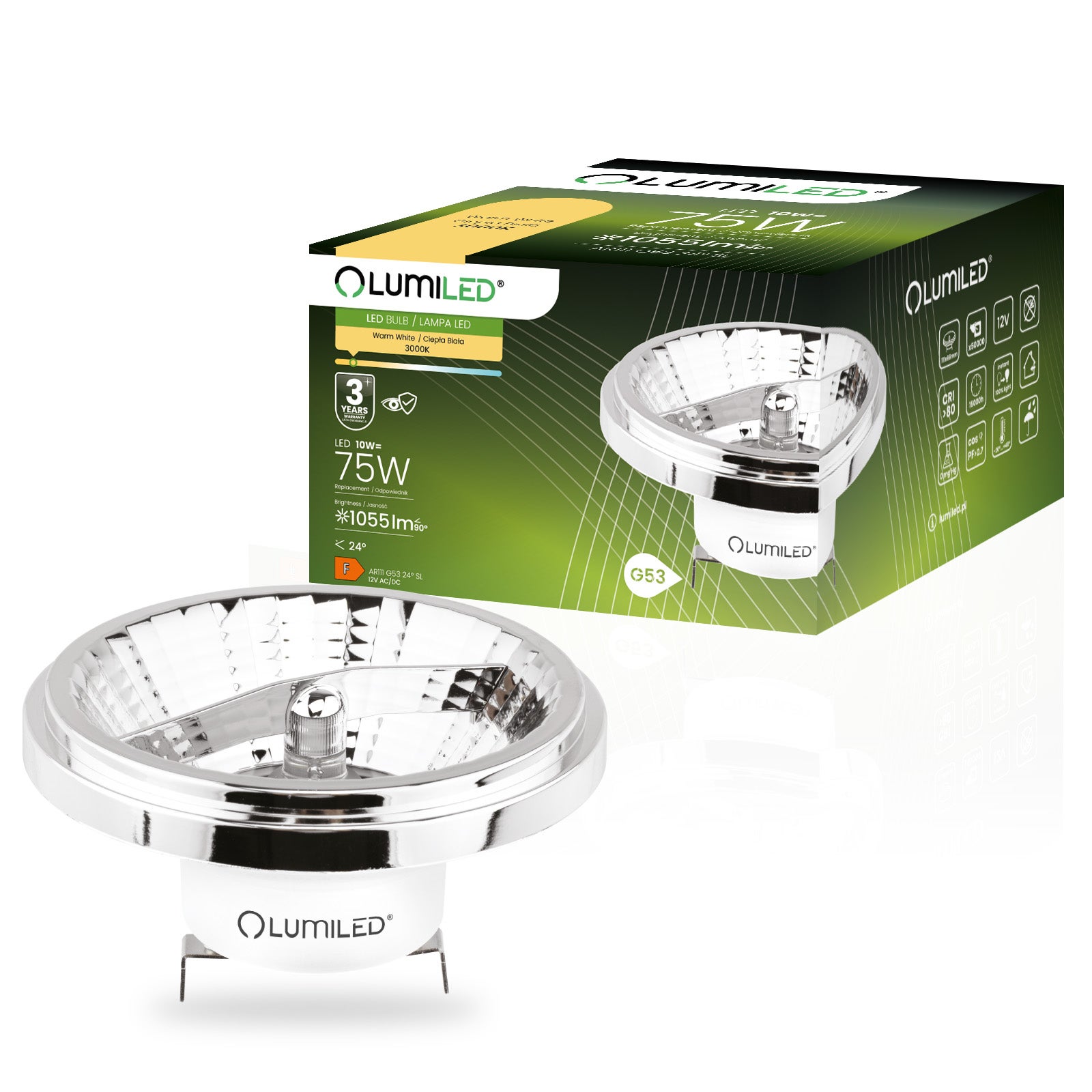 Żarówka LED Lumiled G53 Reflektor AR111 10W 1055lm 3000K Ciepła biel 24st 12V Srebrna 1 szt.