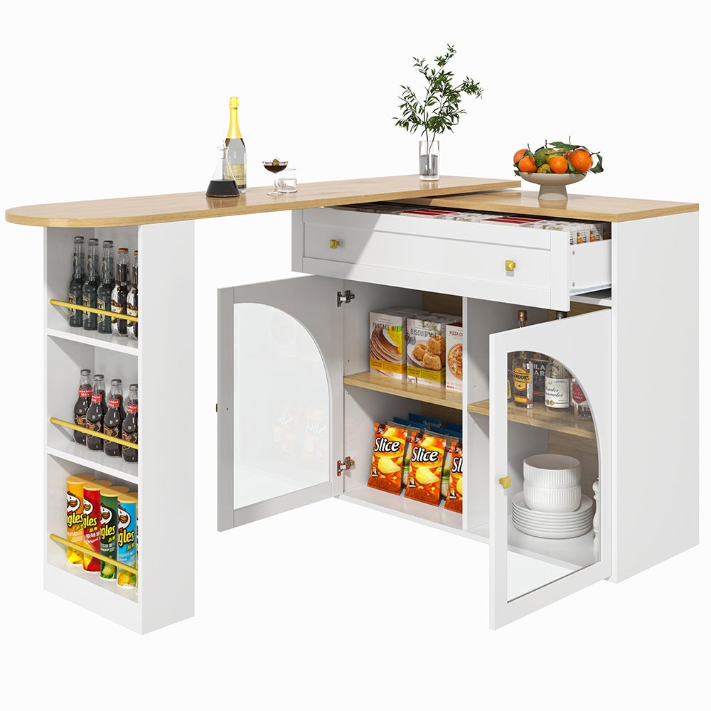 Table bar extensible 138-204x39x104cm pivotante 360°, blanc+verre - 2