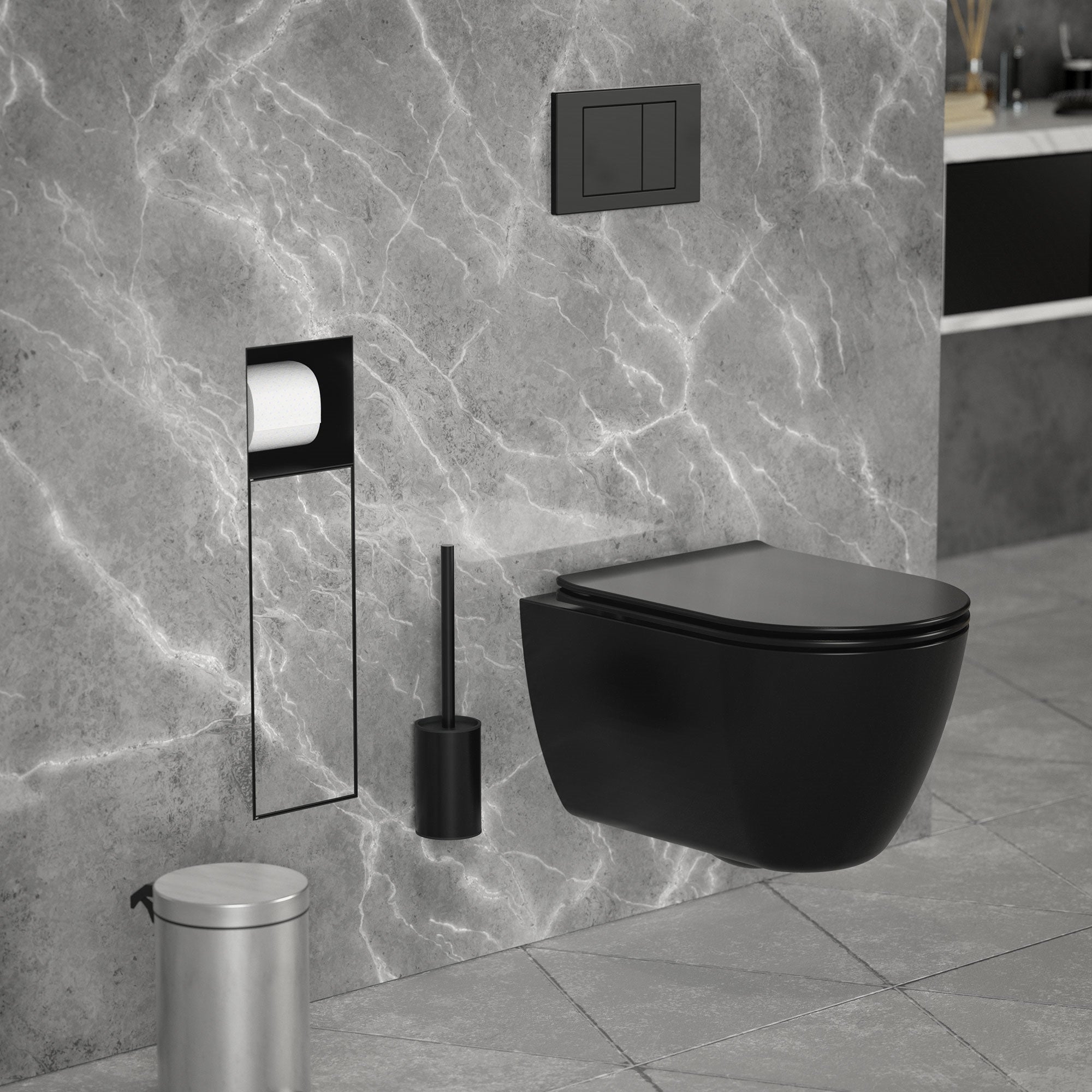 LuxeBath moduł szafki podtynkowej ze stali nierdzewnej czarny 60x20x14 cm wnęka łazienkowa z uchwytem na papier toaletowy i szczotką wc - 2