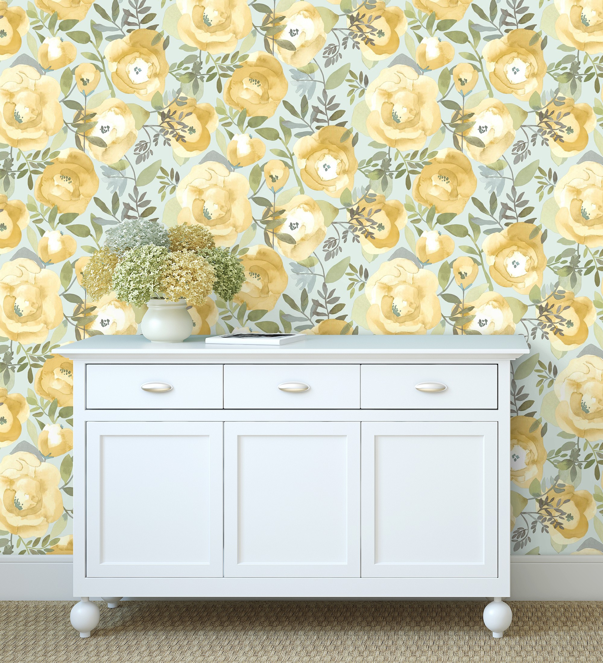 Papel pintado vinílico ecológico de flores amarillas pintadas a acuarela - camellias garden 680624 de gaulan - rollo de 10 m x 0,53 m