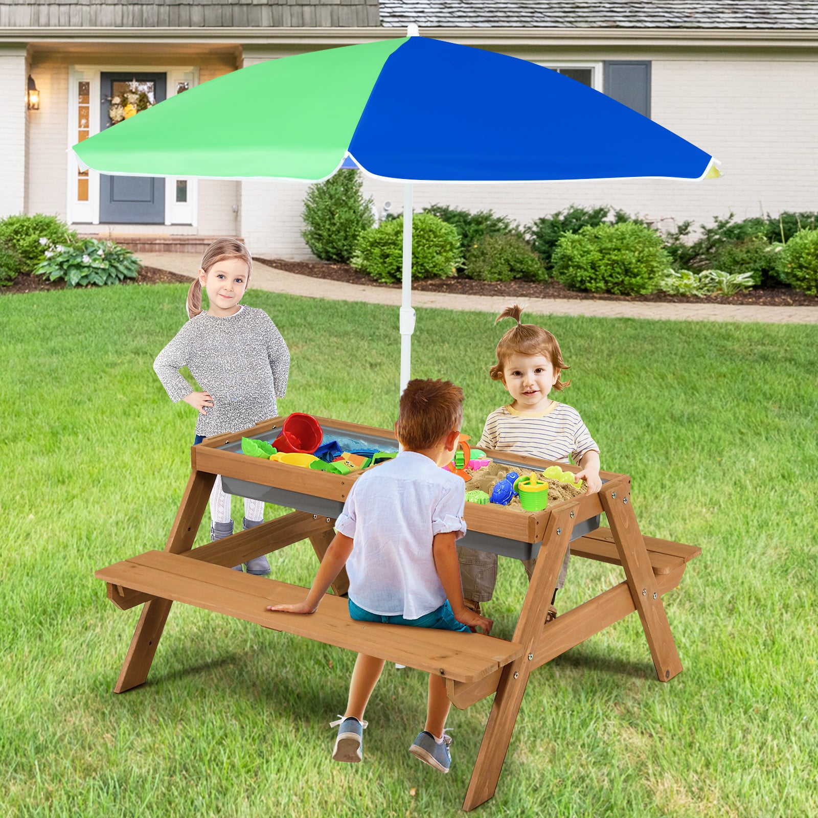 3 en 1 Table de Pique-Nique Enfants avec Parasol et Plateau Amovible, 2 Boîtes pour Sable & Eau pour 4 Enfants de 3-7 Ans, Charge 50kg (Bleu+Jaune) - 2