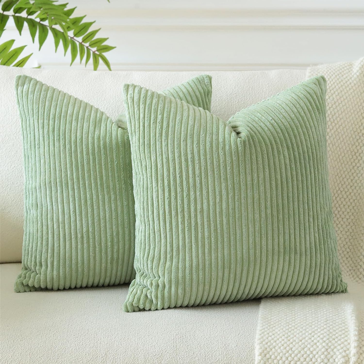 Lot de 2 Housses de coussin, velours côtelé, décoratives, pour canapé/canapé/salon, 50 x 50 cm, vert haricot - 2