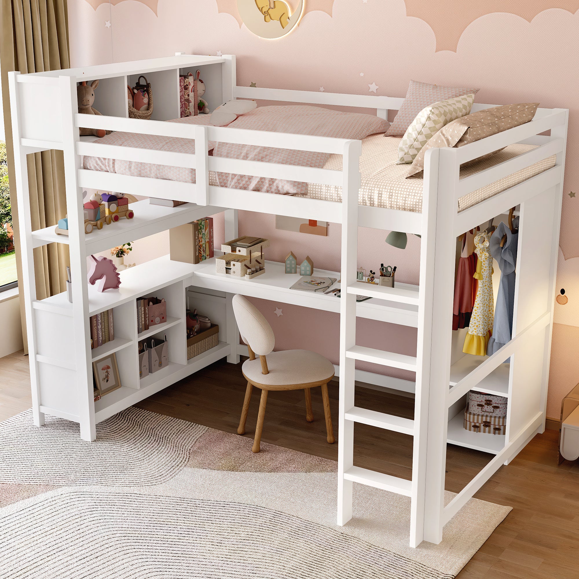 Lit Mezzanine 140x200 cm Combiné avec Bureau, Armoire et Étagères de Rangement, Structure Robuste pour Ados et Adultes, Design Gain de Place - Blanc - 3