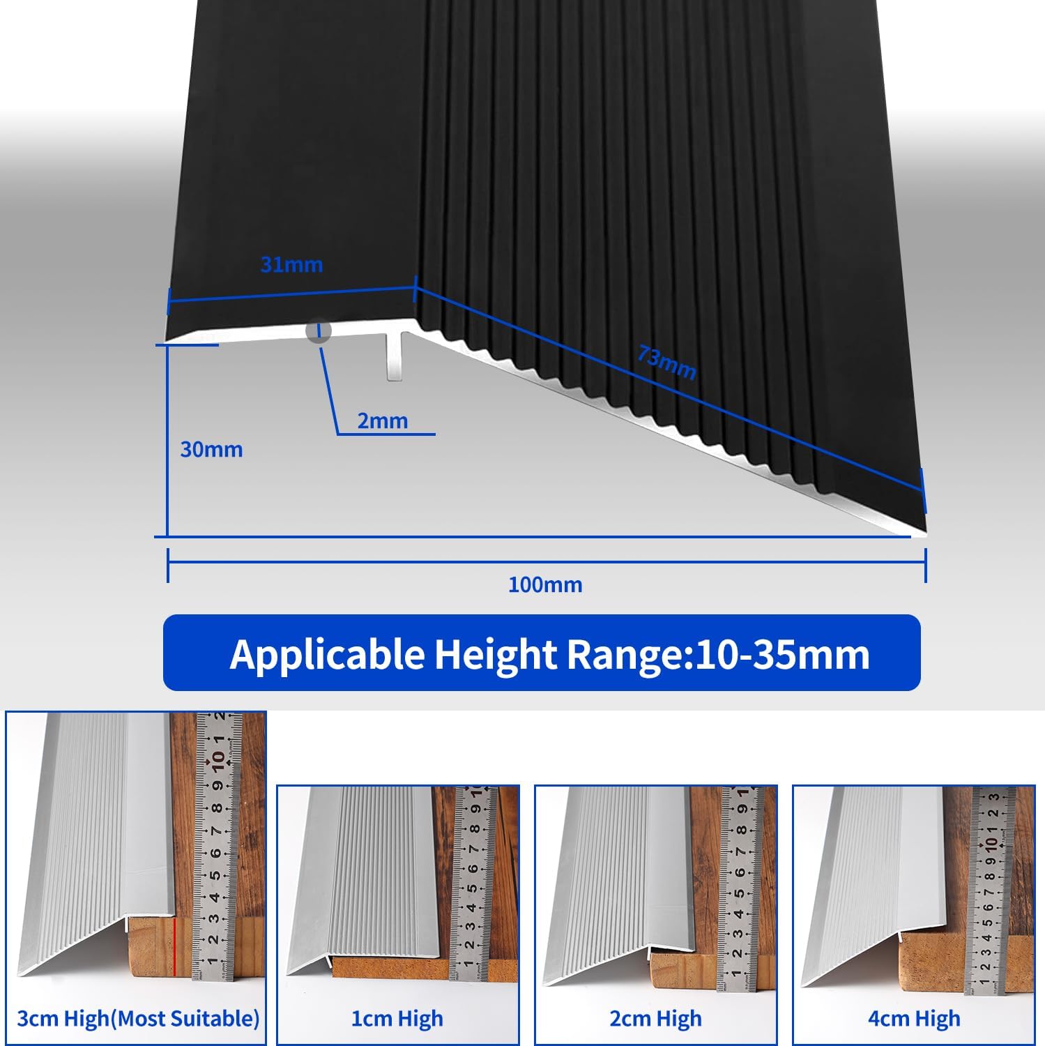 Rampe de seuil en alliage d'aluminium, largeur 10 cm, profil de transition pour seuil de porte, convient aux pentes de 10 à 35 mm - Noir, 0,9 m - 2