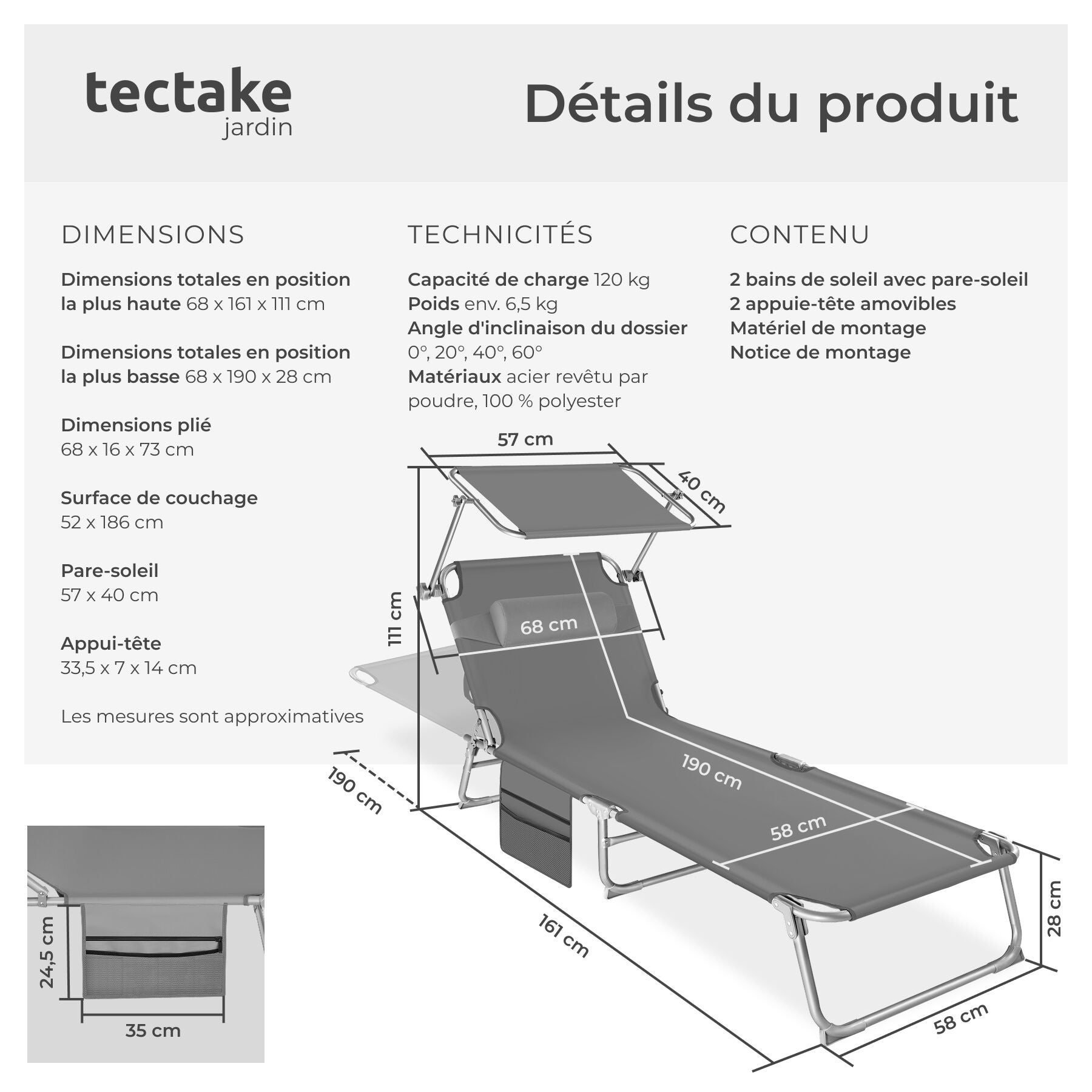TECTAKE Conjunto de 2 espreguiçadeiras Dobrável - 6