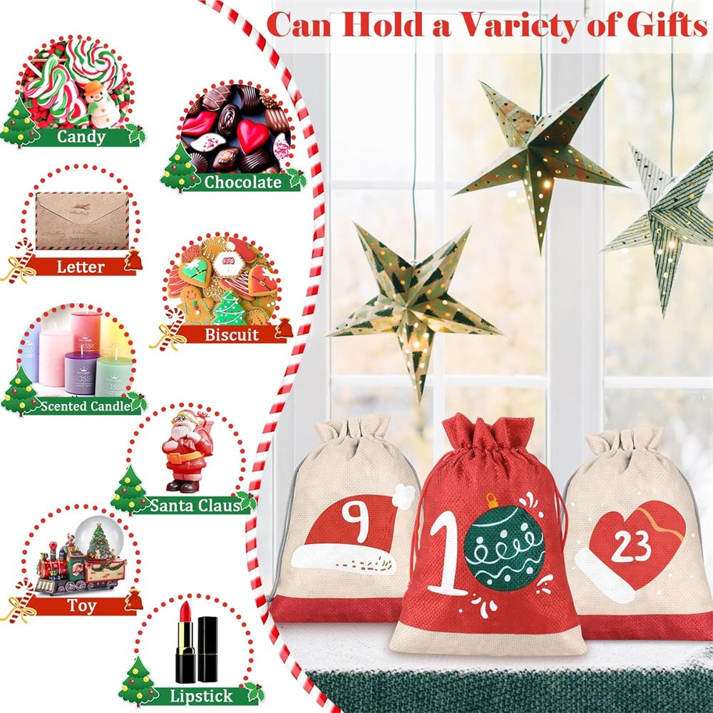 Set per il conto alla rovescia di Natale, sacchetto portaoggetti in lino con coulisse, 24 giorni, con coulisse e clip, 10 x 15 cm - 6