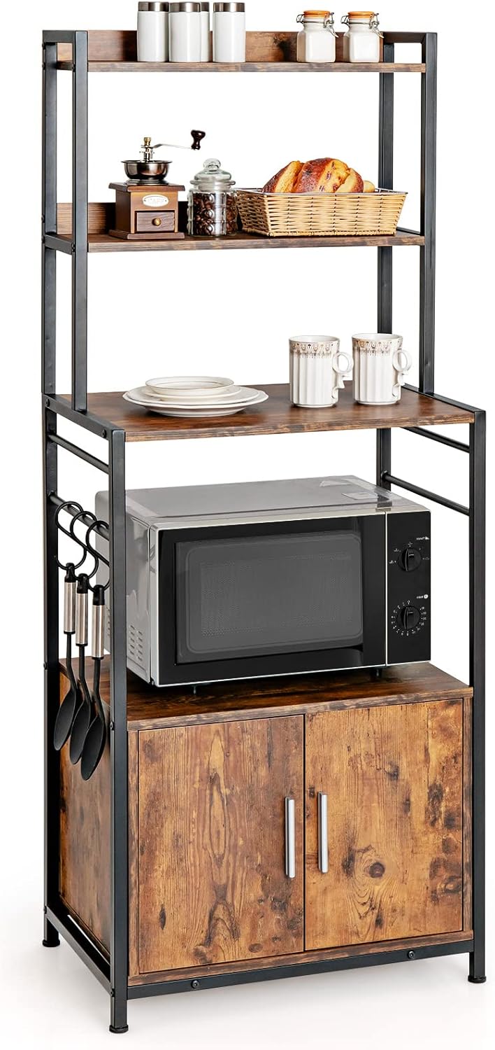 Scaffale Da Cucina A 4 Livelli Con Ganci - Supporto Per Microonde E Elettrodomestici, 54x38x120 Cm, Telaio In Metallo Con Piedini Regolabili, 8 Ganci A S, Ripiani Regolabili