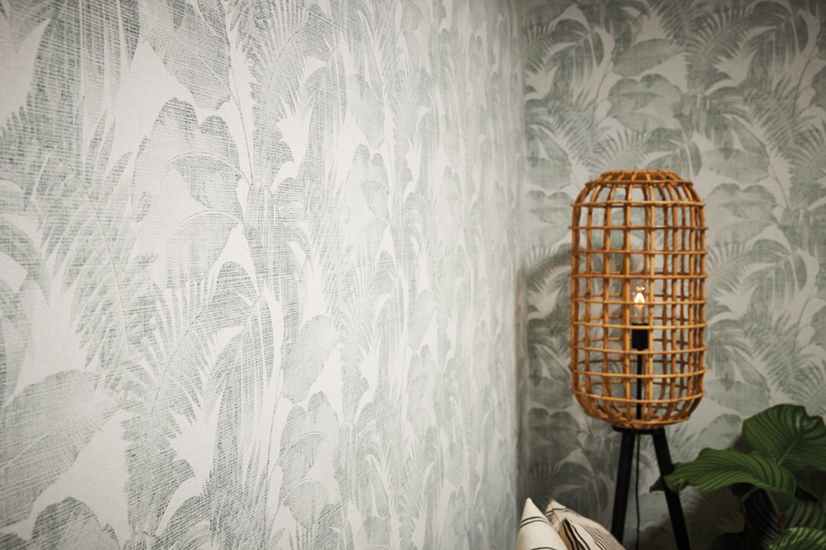 Papel pintado verde oscuro y blanco Papel pintado tropical con hojas de palmeras Papel pintado imitación tejido para interior elegante, 10,05 x 0,53 m - 5