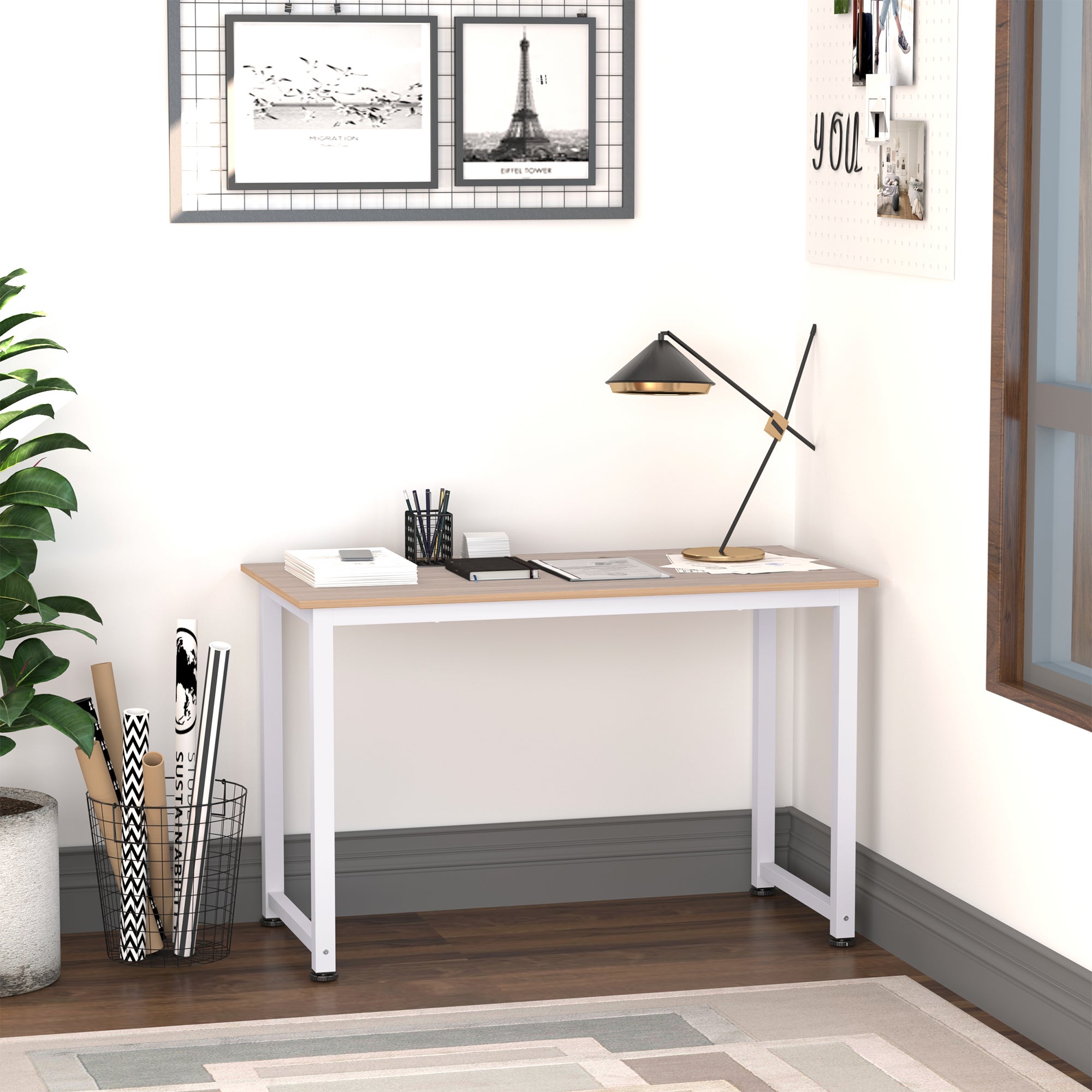 Homcom Mesa De Ordenador Mdf Y Metal Roble Y 120X60x76 Cm Blanco , Leroy Merlin