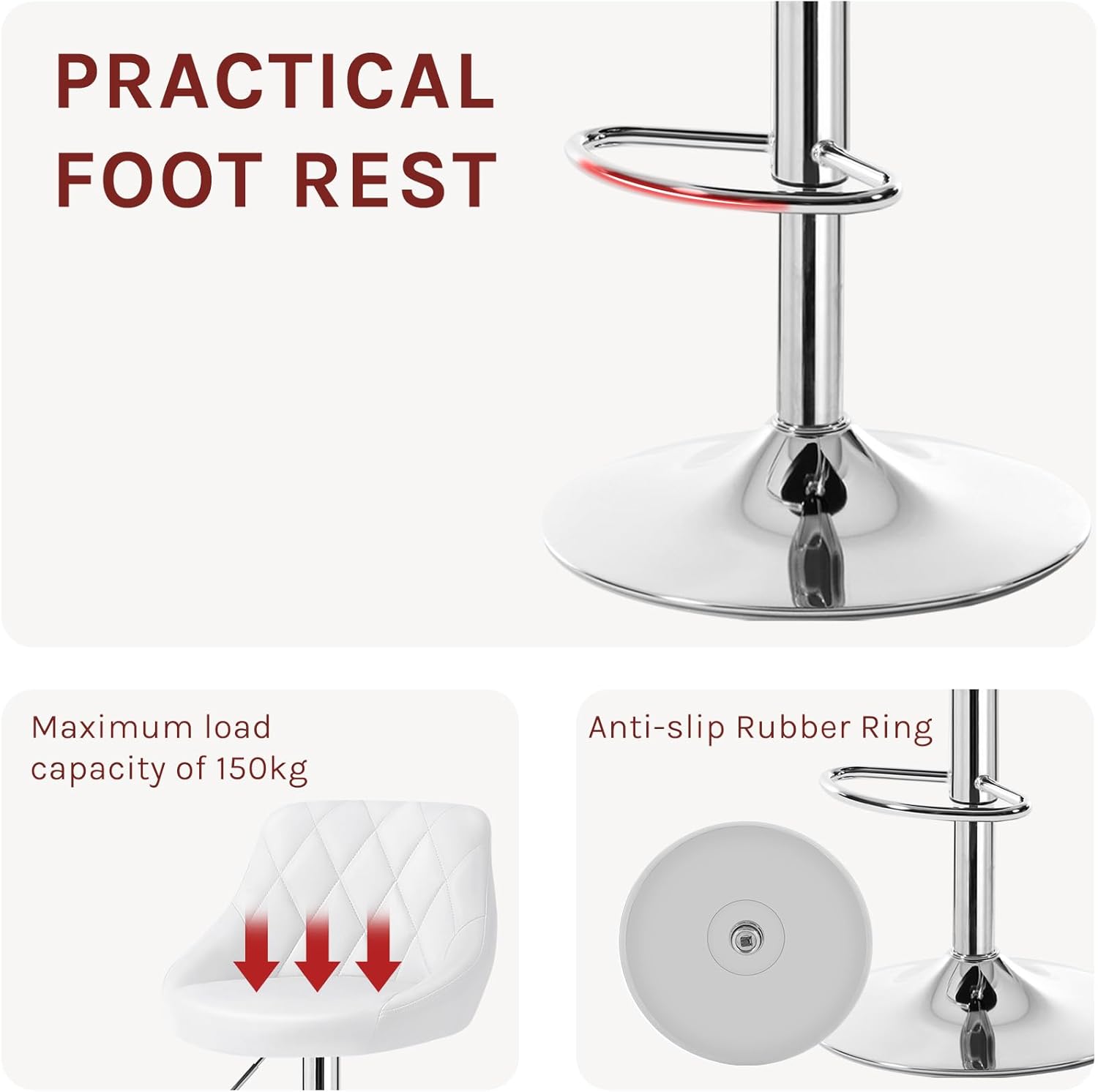Lot de 2 Tabouret de bar WOLTU, Tabouret de Cuisine en cuir synthétique, Siège bien rembourré, Hauteur réglable, Facile à nettoyer, Blanc - 8
