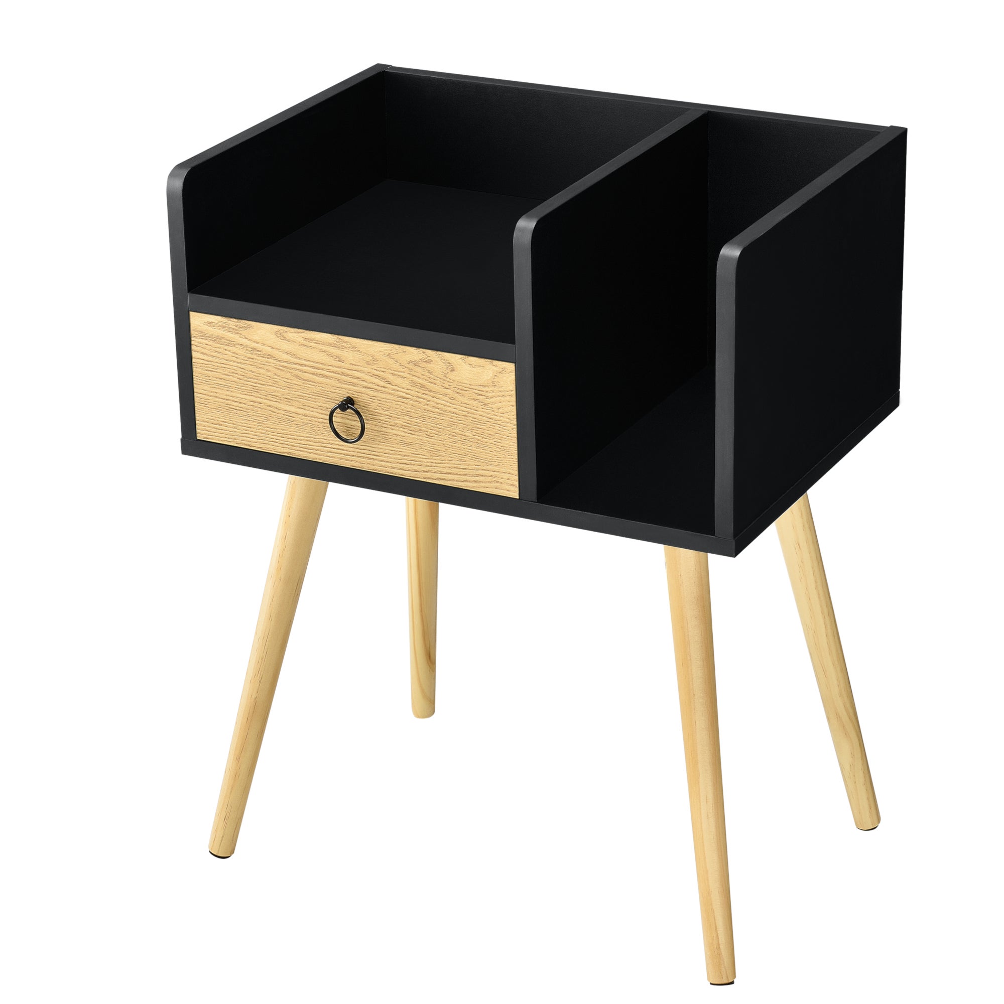 Comodino Gibbston con Cassetto e 2 Scomparti Aperti 64x50x36 cm - Nero/Colore Legno [en.casa] - 3