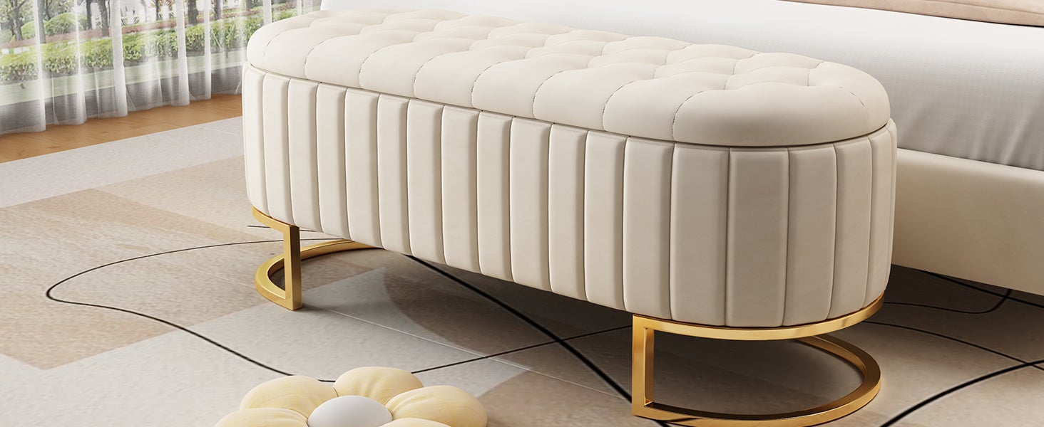 Banc de rangement, banquette - 120 x 39.9 x 41.9 cm - Velours et pièds en métal - Beige - 4