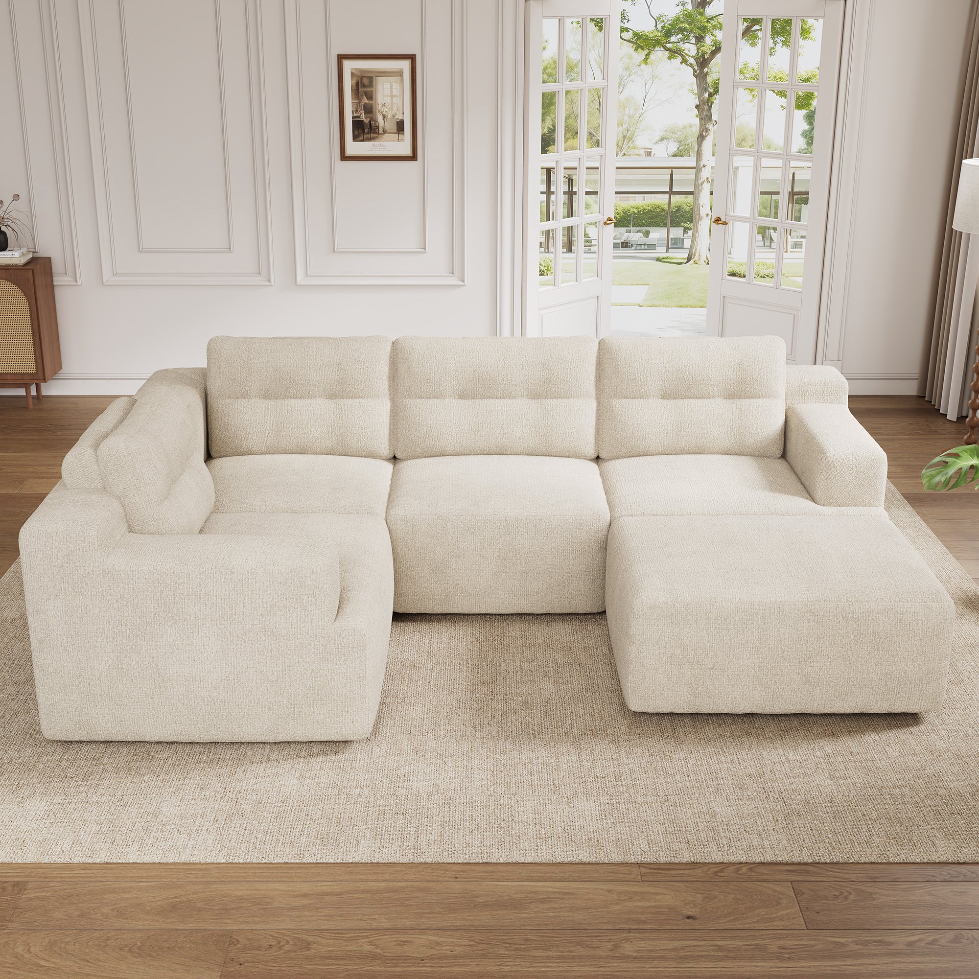 Canapé modulable 5 places U/L 252x180x82 cm, mousse intégrale, sans structure rigide, sans montage, chenille, beige - 3