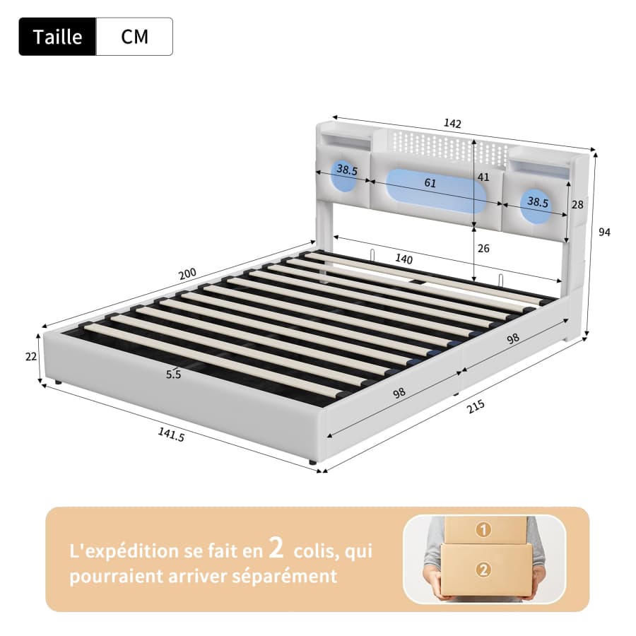 Struttura letto 140*200mm, testiera con luce LED, design silenzioso, facile da montare, PU bianco. - 5