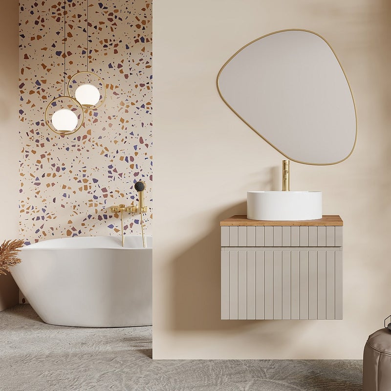 Wisząca szafka podumywalkowa prążkowana beżowa z blatem - 60 cm - SATARA