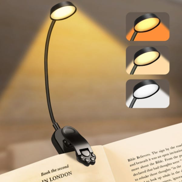 Lampka do czytania mocowana na klipsie – trójkolorowe oświetlenie LED – składana – lampka nocna ładowana przez USB – 3000K/4500K/6500K