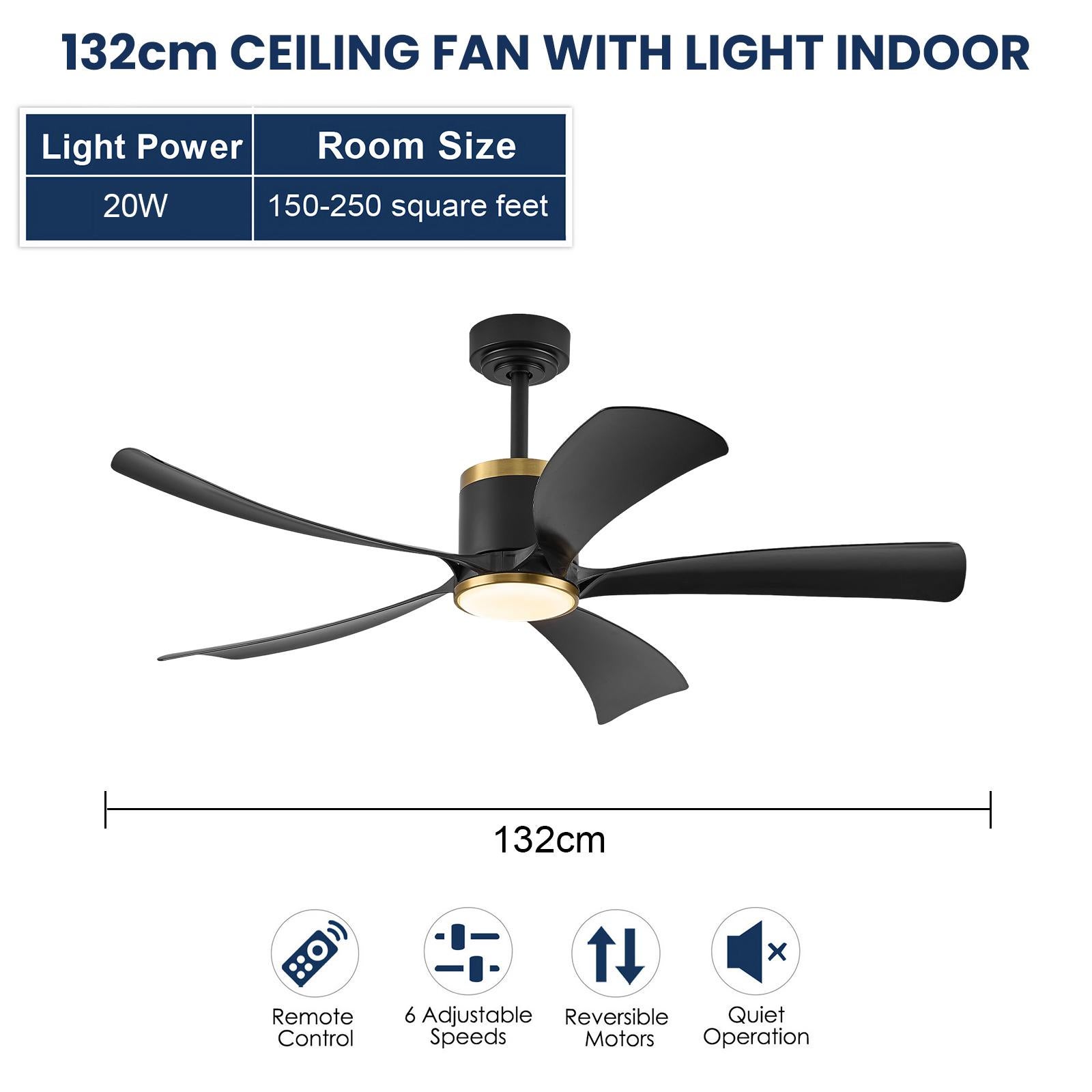 Ventilateur de plafond 52'' LED 20W dimmable, 5 pales ABS noires, APP, 6 vitesses, réversible, anneau doré, salon chambre - 3