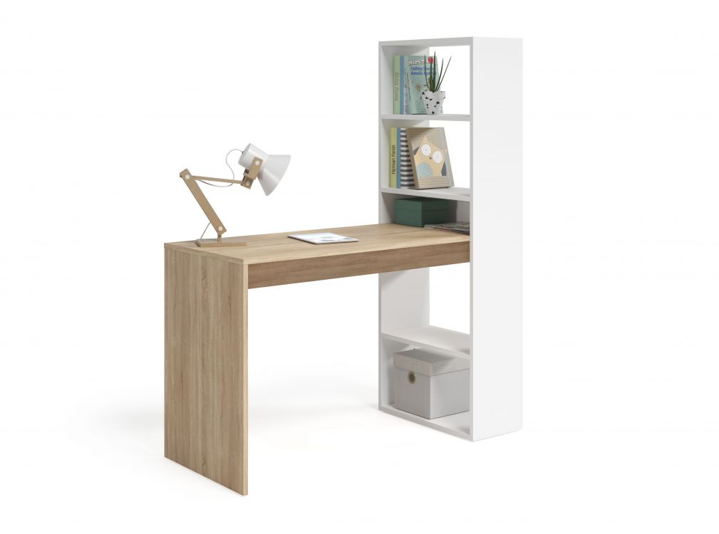 Bureau ADELE avec étagère de rangement réversible intégrée L120cm X P53cm X H144cm - Blanc / Bois - 5