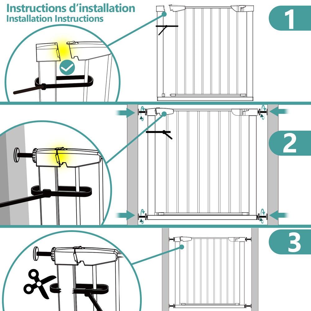 Barrière de sécurité porte et escalier 75-84cm blanc - Sans perçage - Fermeture magnétique - Double verrouillage - VOUNOT® - 4
