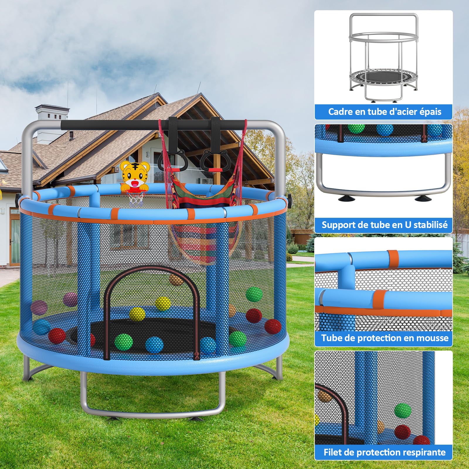 Trampolim Multifuncional Ø150 cm com Cesto de Basquetebol, Barra Circular, Argolas Suspensas, Rede de Descanso, Carga 150 kg - 2