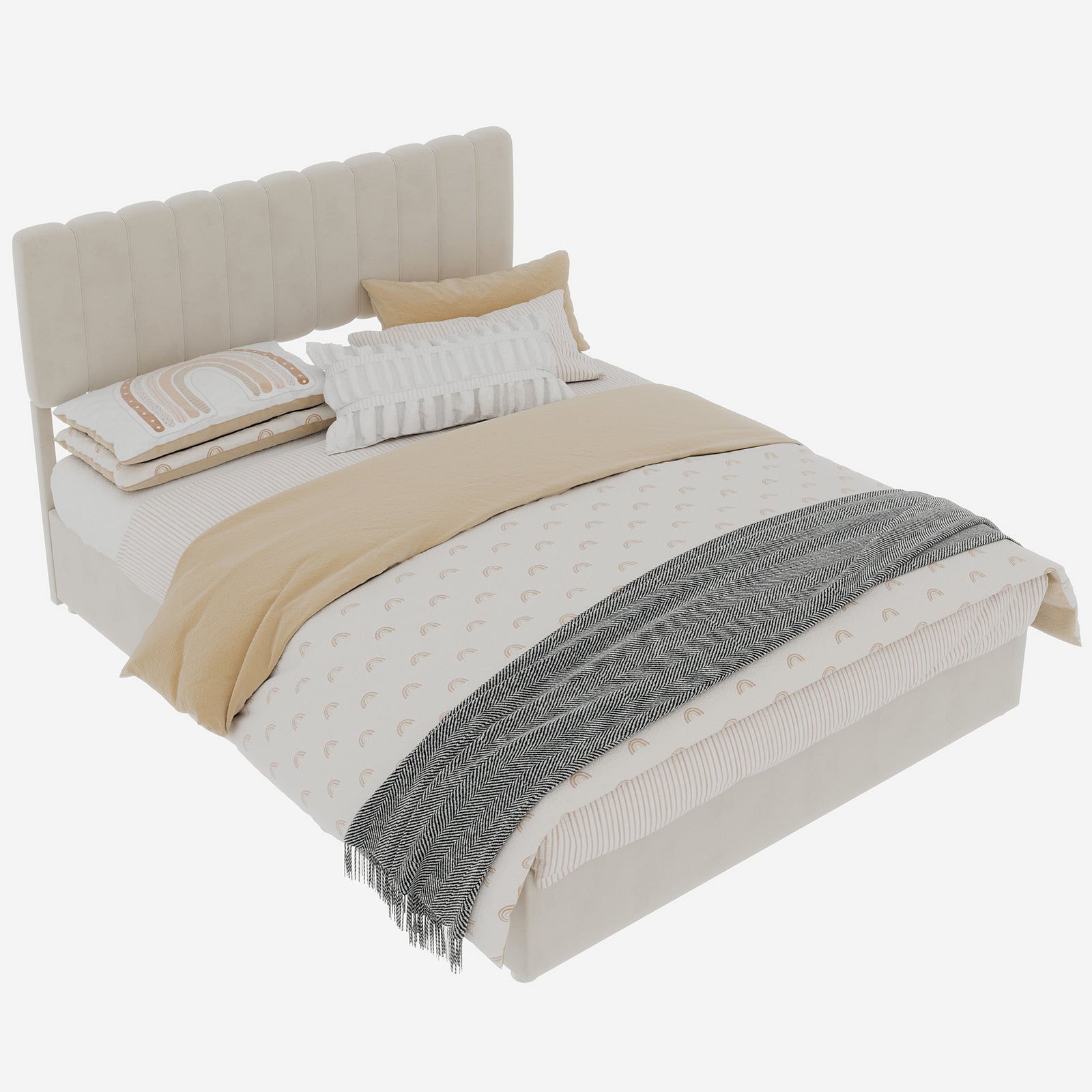 Letto contenitore matrimoniale 140x200 cm, testiera, meccanismo a gas, velluto beige, senza materasso - 6