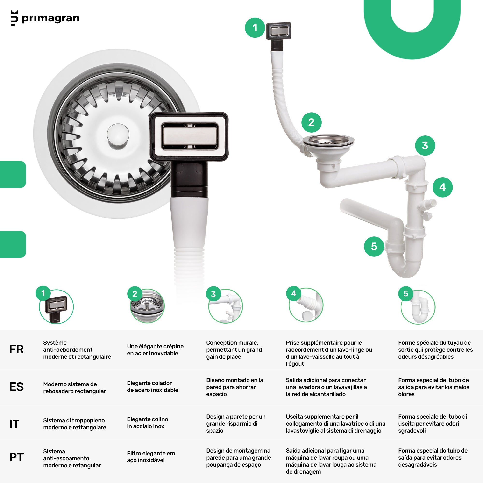 Lavello da Cucina Bianco 90x50cm, Lavandino da Cucina a 1 vasca + Sifone Classico, Lavabo da Cucina Incasso al mobile 60cm - London di Primagran - 7