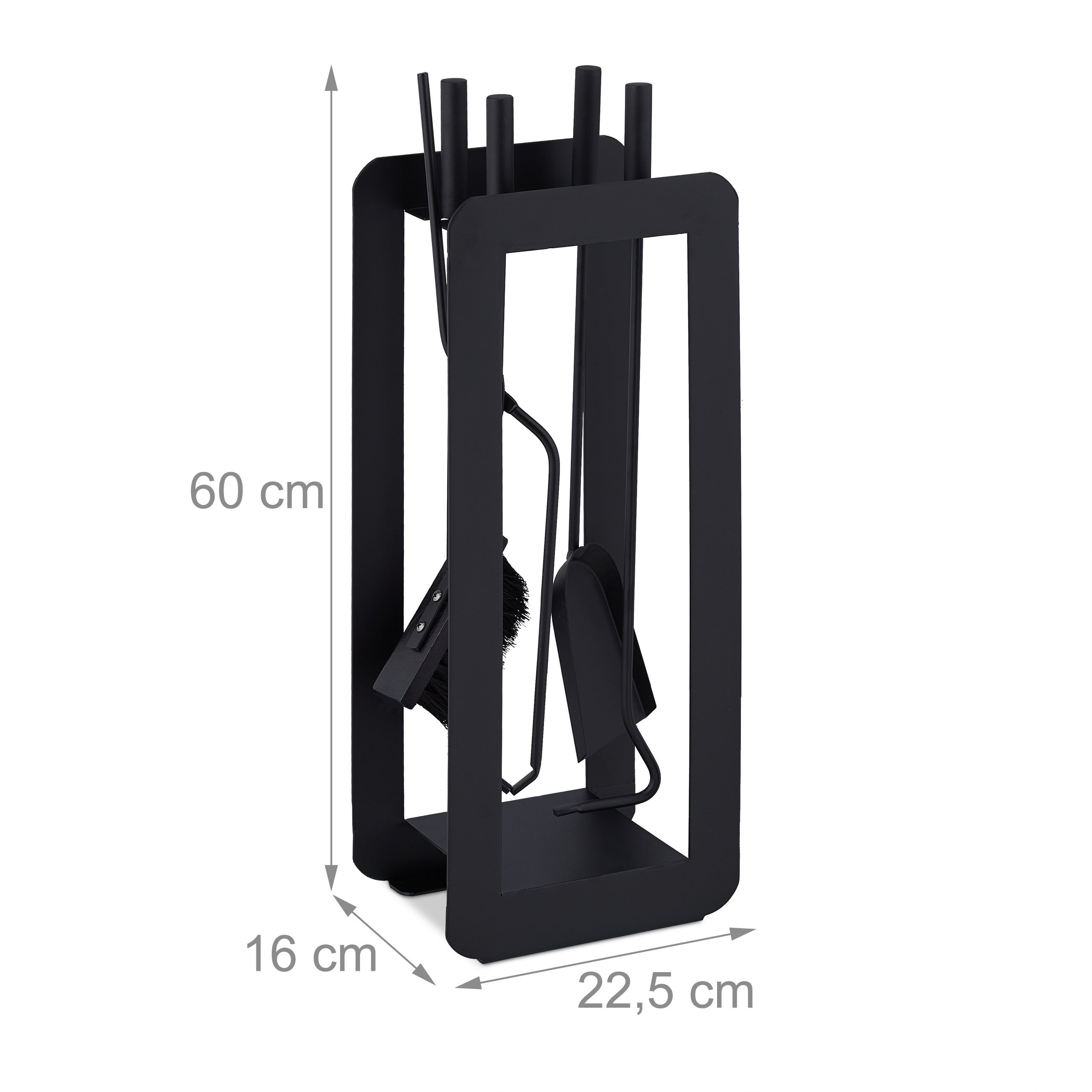 Serviteur de cheminée, moderne, 5 pièces : tisonnier, pelle à cendres, balai, pince et support, noir, Relaxdays - 4