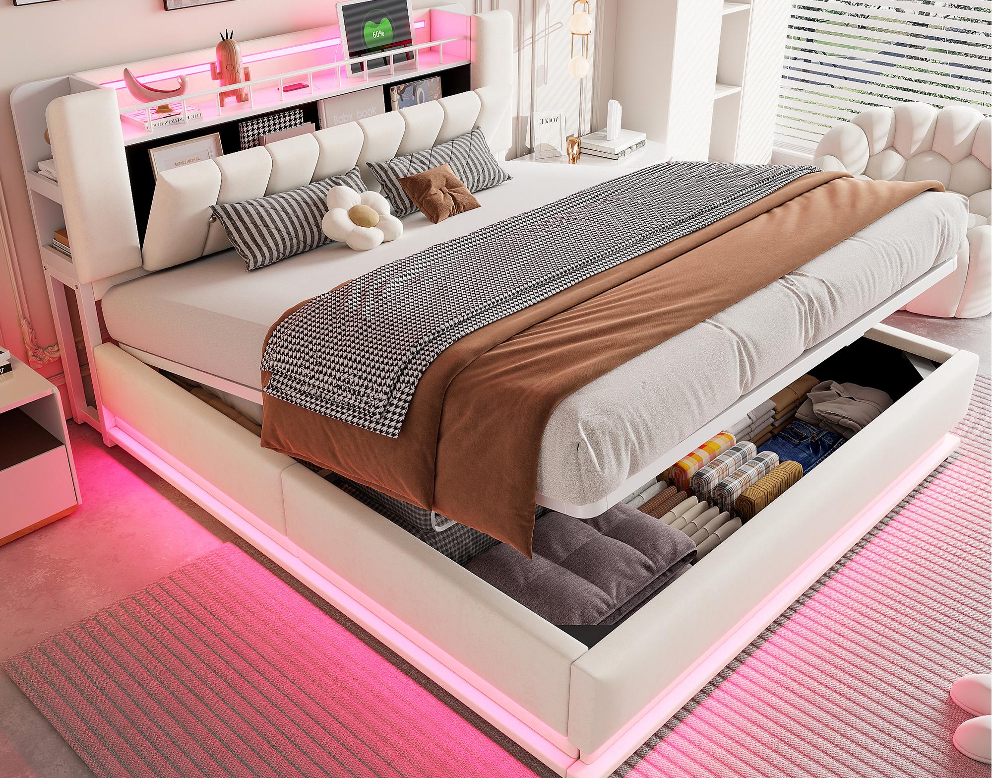 Łóżko tapicerowane ze schowkiem 180x200 cm - z oświetleniem LED - z portem USB - welur - beżowy​ (materac nie jest wliczony w cenę)