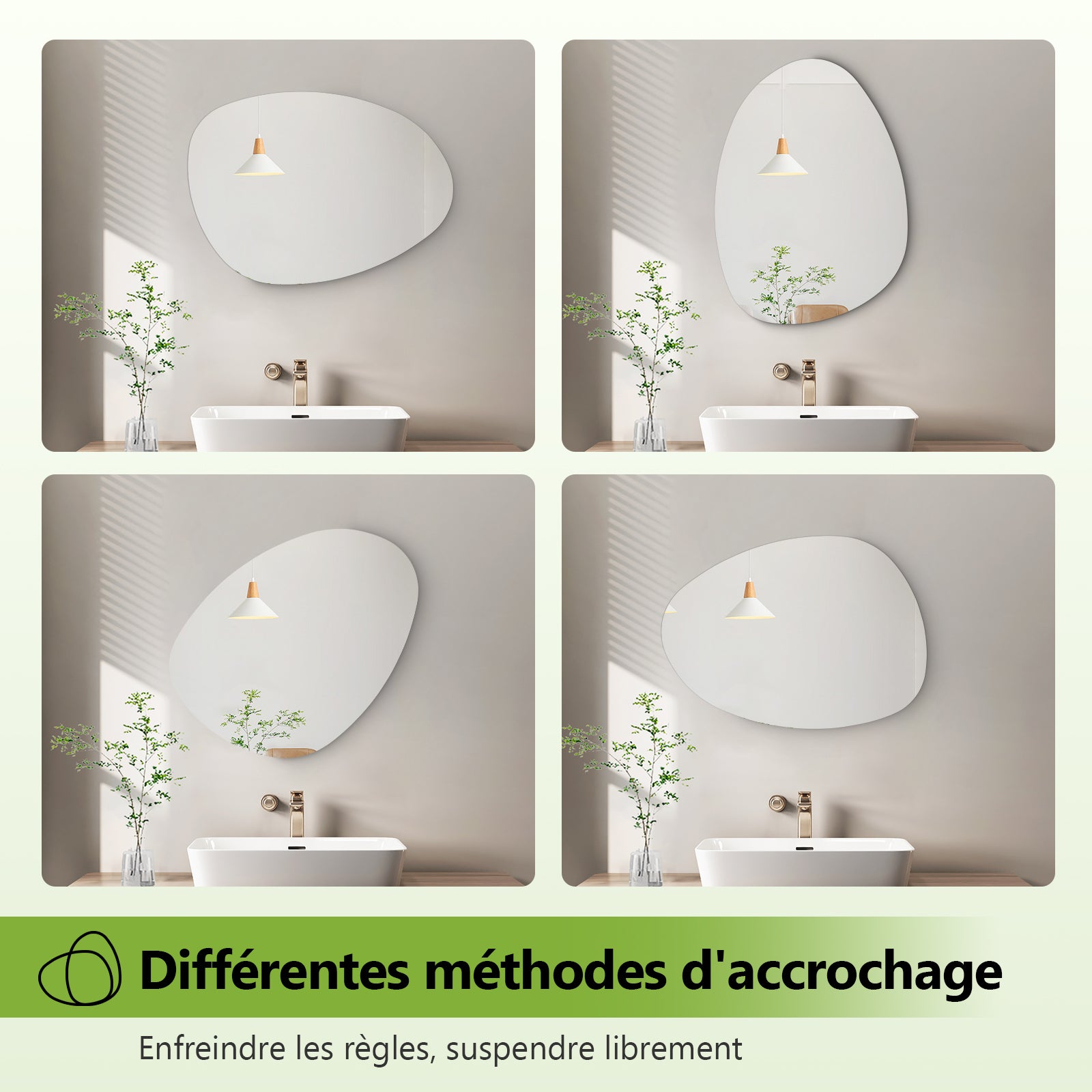 Miroir asymétrique sans cadre 50 × 85 cm, miroir mural anti-humidité pour salle de bains, bords polis, installation verticale ou horizontale - 7