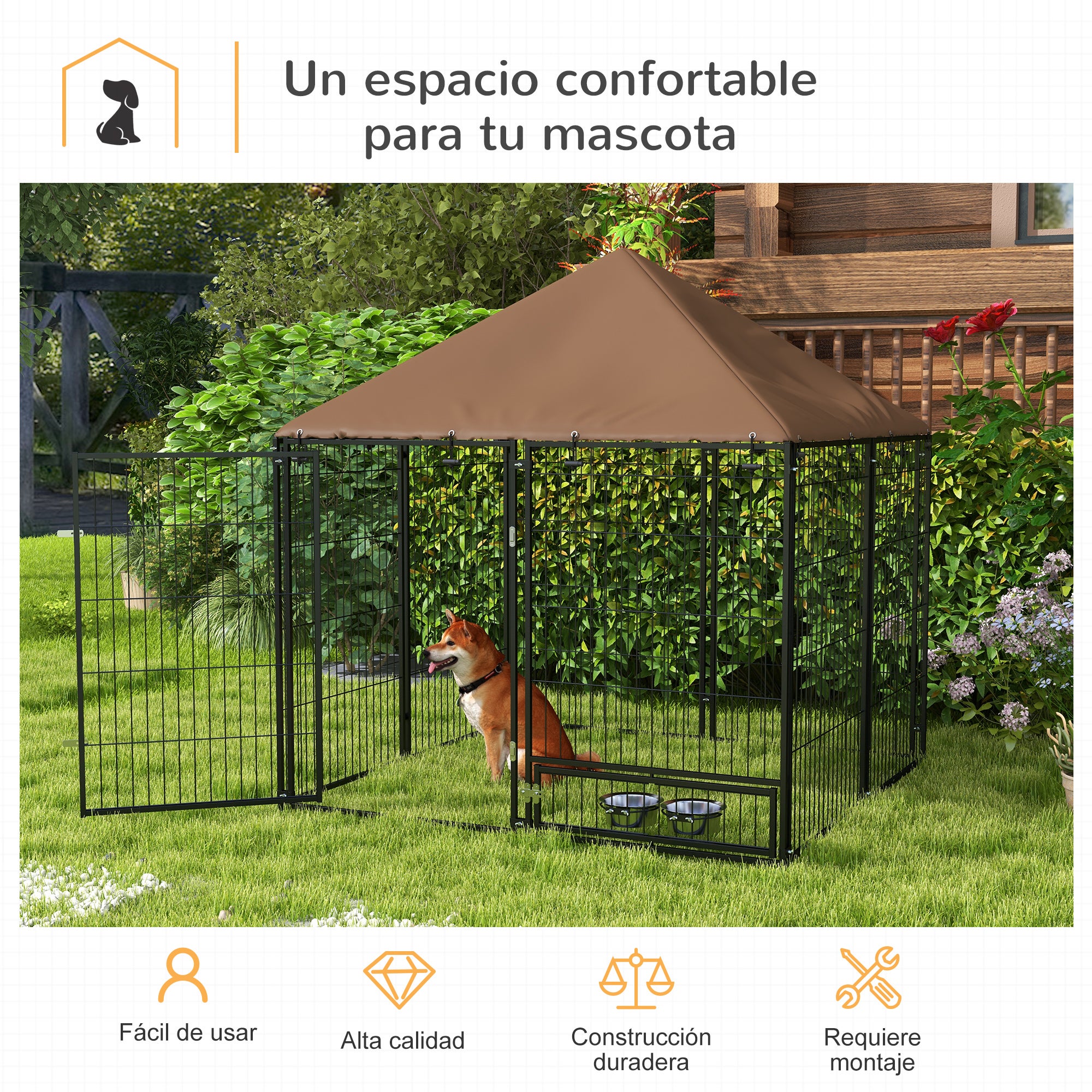 Enclos extérieur pour chiots avec auvent, parc de jardin, cage, gamelle pivotante, 141 x 141 x 151 cm - 5