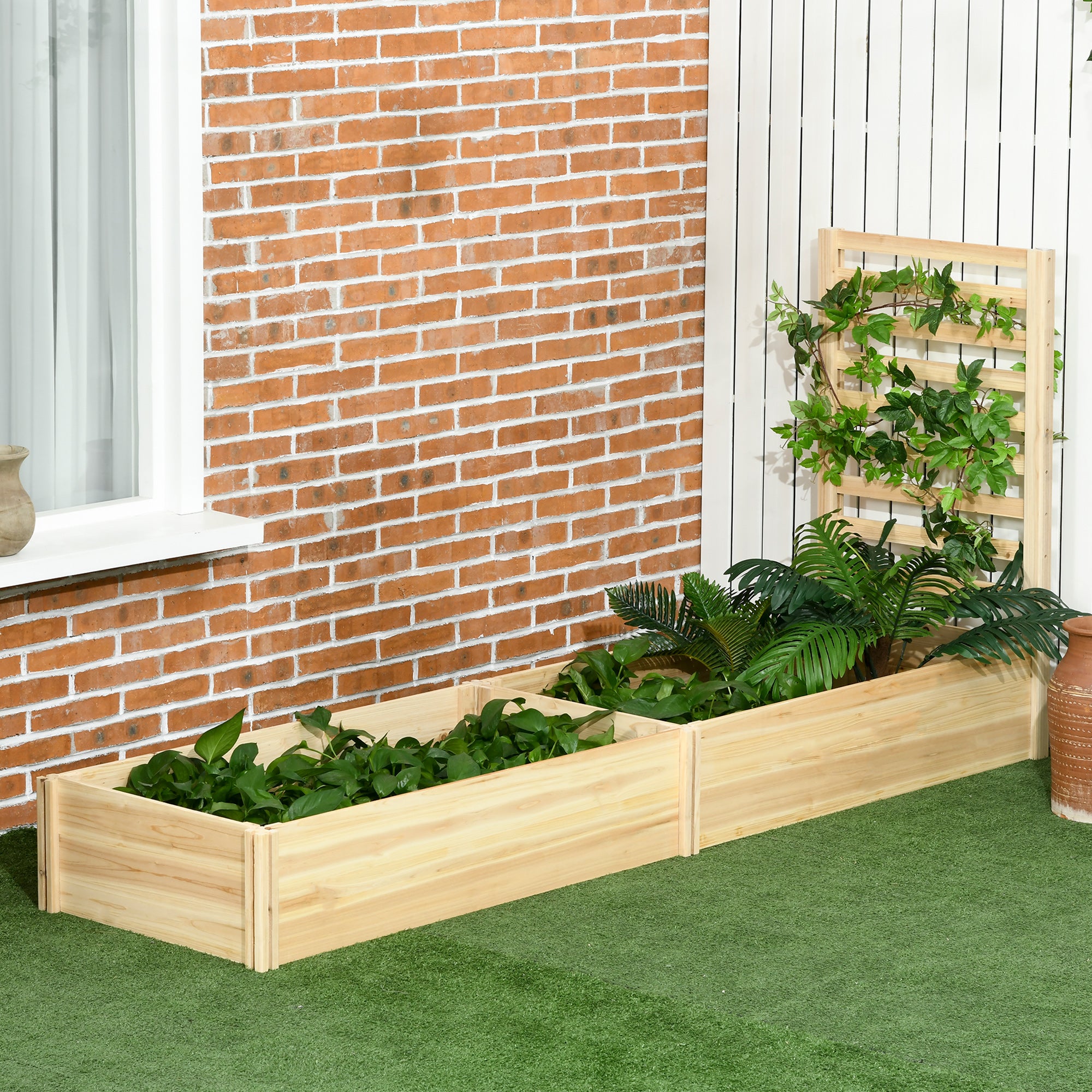 Carré potager surélevé avec treillis pour plantes grimpantes, bois de sapin, 230x60x110 cm, couleur bois - 3