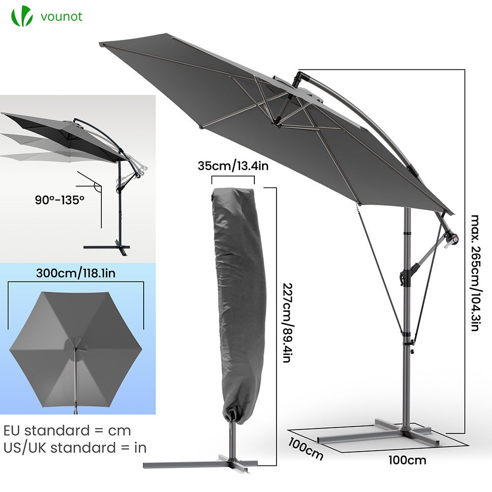 Parasol déporté inclinable 3M avec sangle de fixation et housse de protection Gris - Inclinaison réglable - Rotatif 360° - VOUNOT® - 6