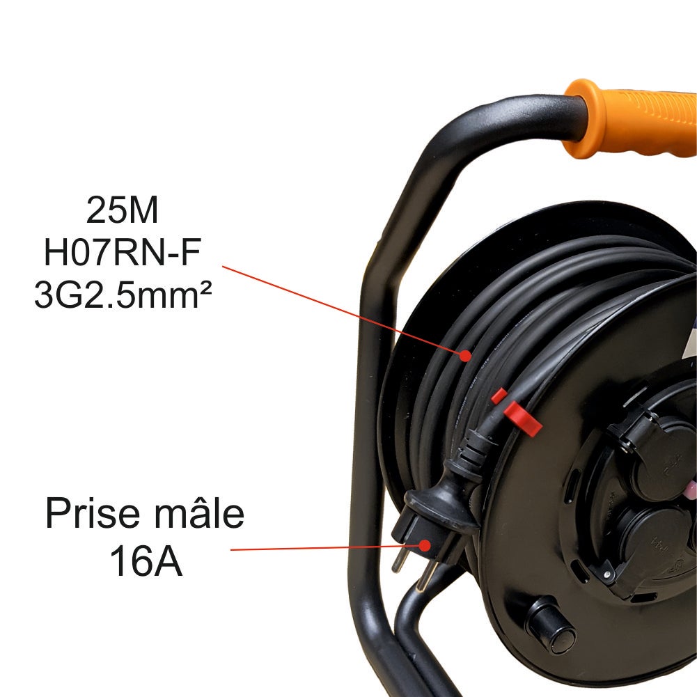 Enrouleur PRO de chantier 3G2.5 25m IP44 platine fixe (anti twist) - câble H07RN-F- 4 prises 16A - garantie 2 ans - 3