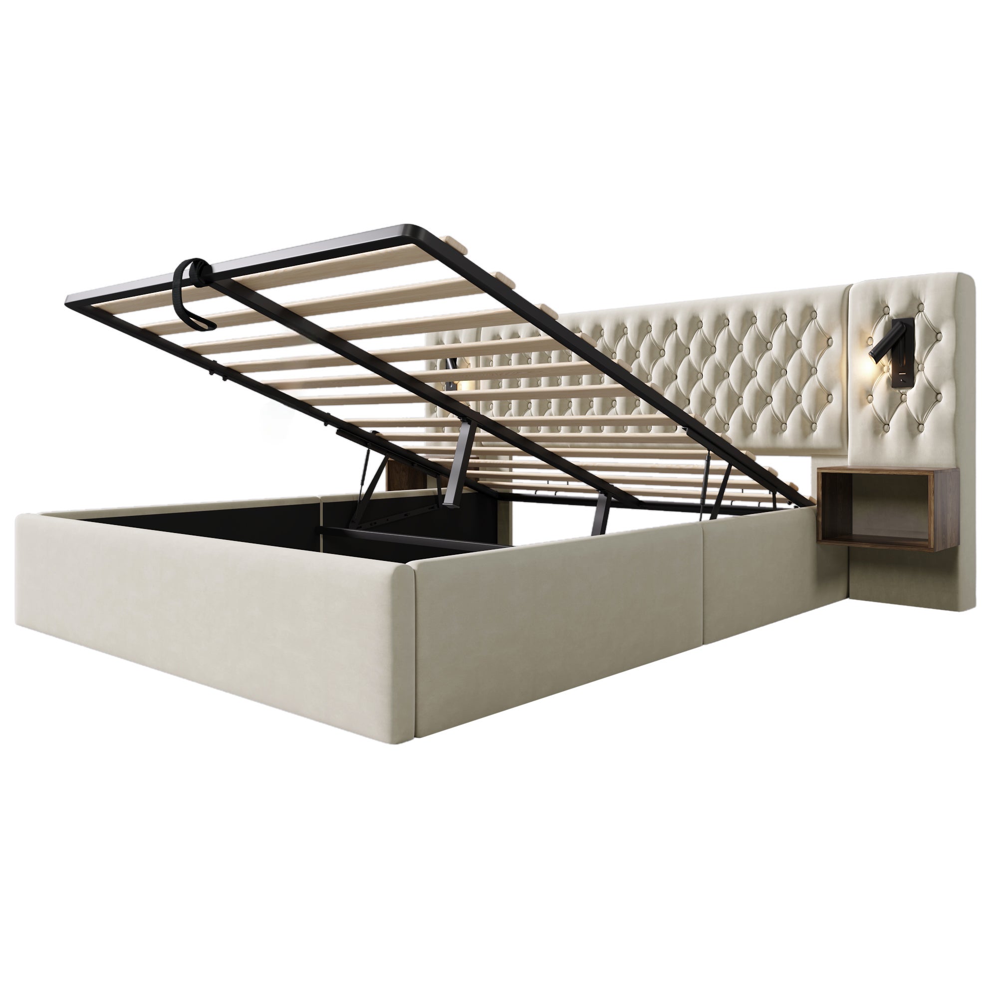 Lit hydraulique 180 x 200 cm, avec table de nuit, liseuse, fonction de recharge USB, beige - 6