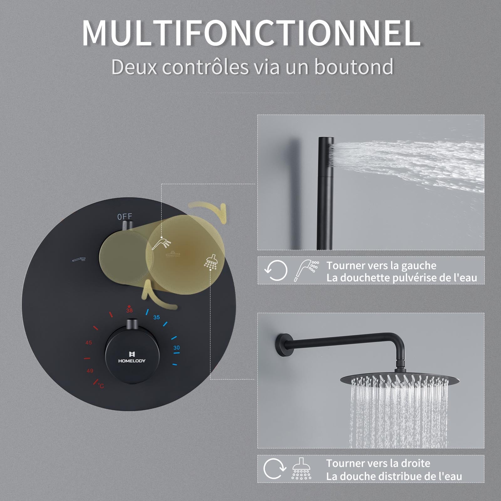 Colonne de Douche Thermostatique Noir en Laiton, Système Encastré avec Tête Ronde 12