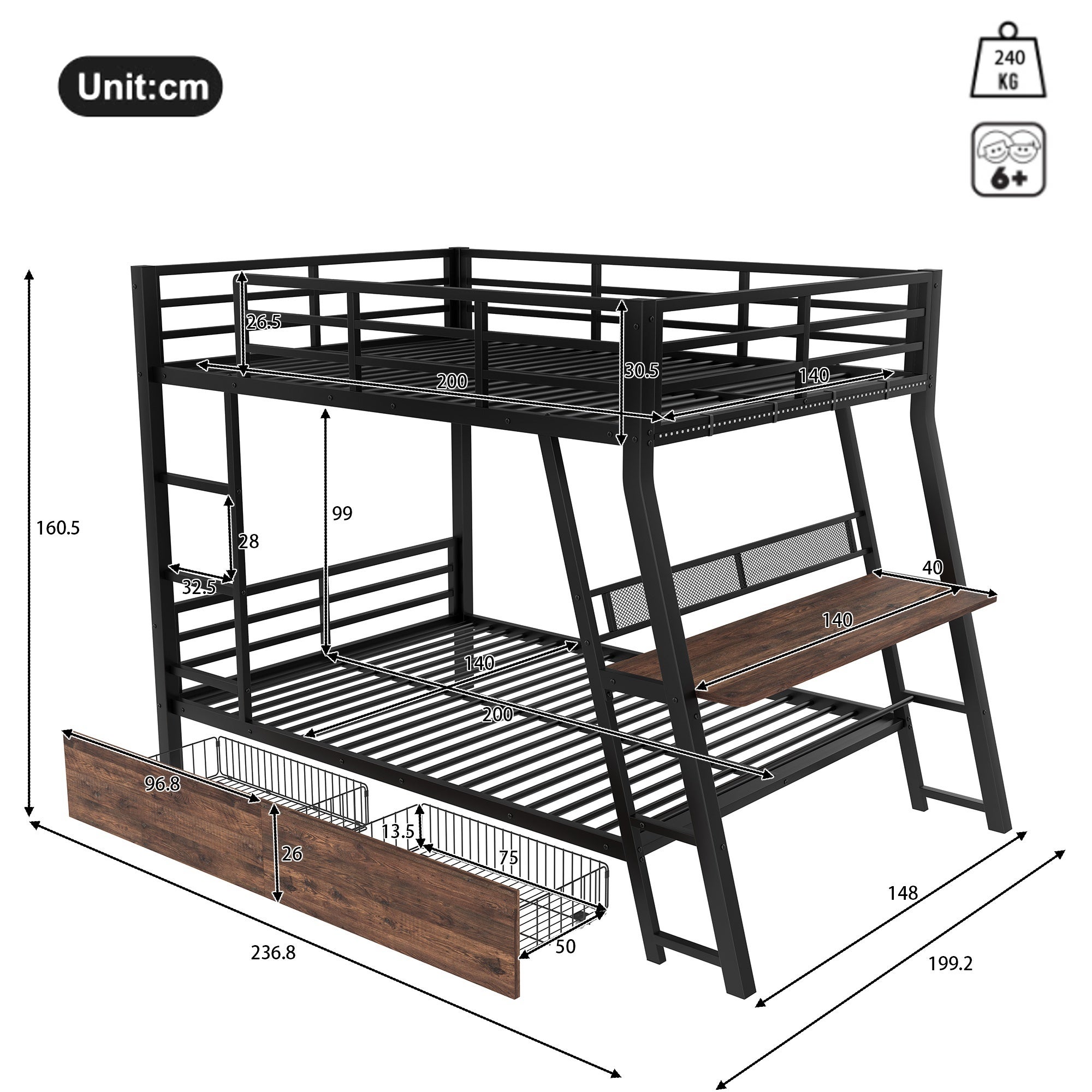 Lit superposé 140 x 200 cm, Lit superposé ado 4 places avec bande LED et tiroirs et bureau,lit double avec sommier à lattes,noir - 3