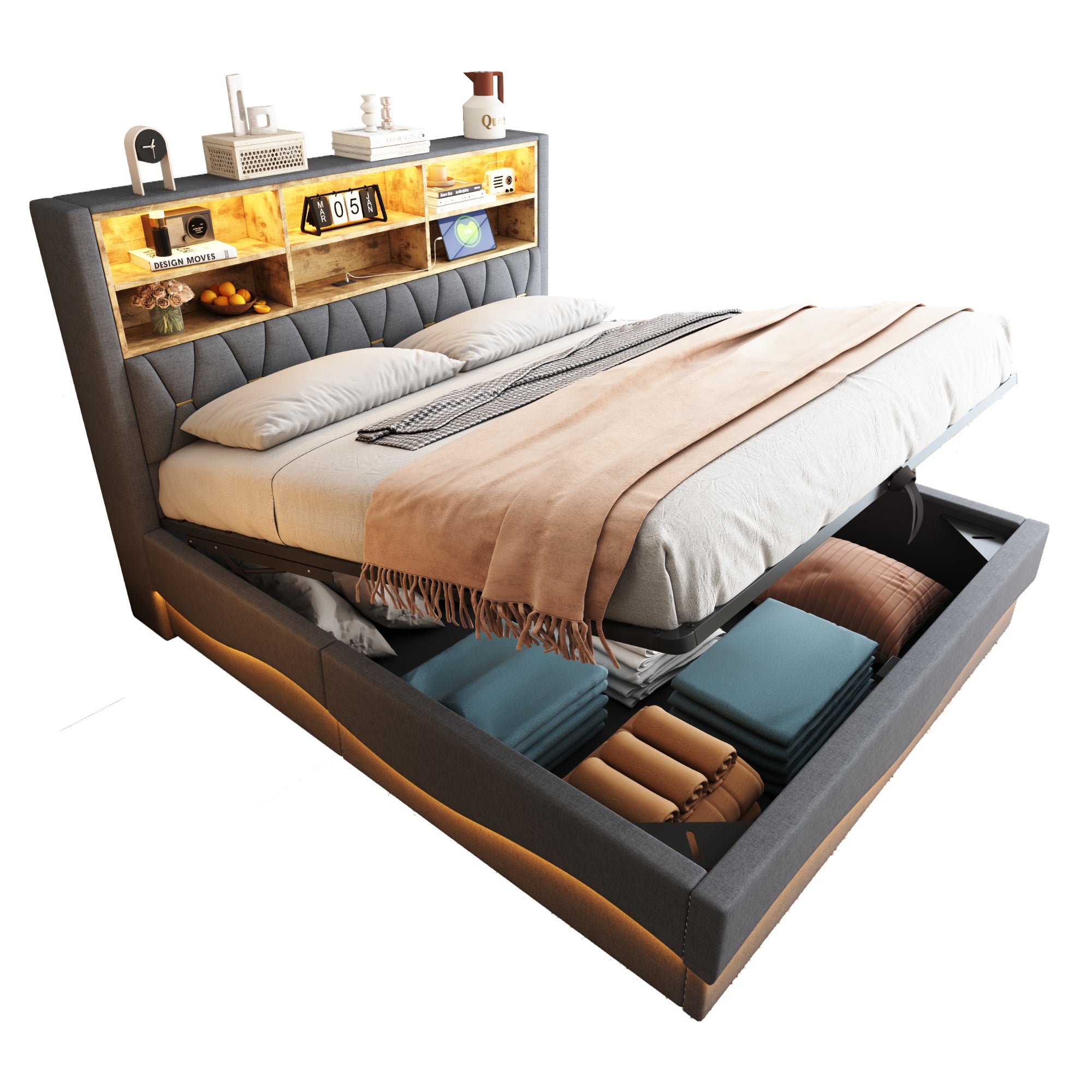 Cama baúl infantil 180x200 cm - con tira de luces LED - con puerto de carga USB - lino - gris (sin colchón) - 6