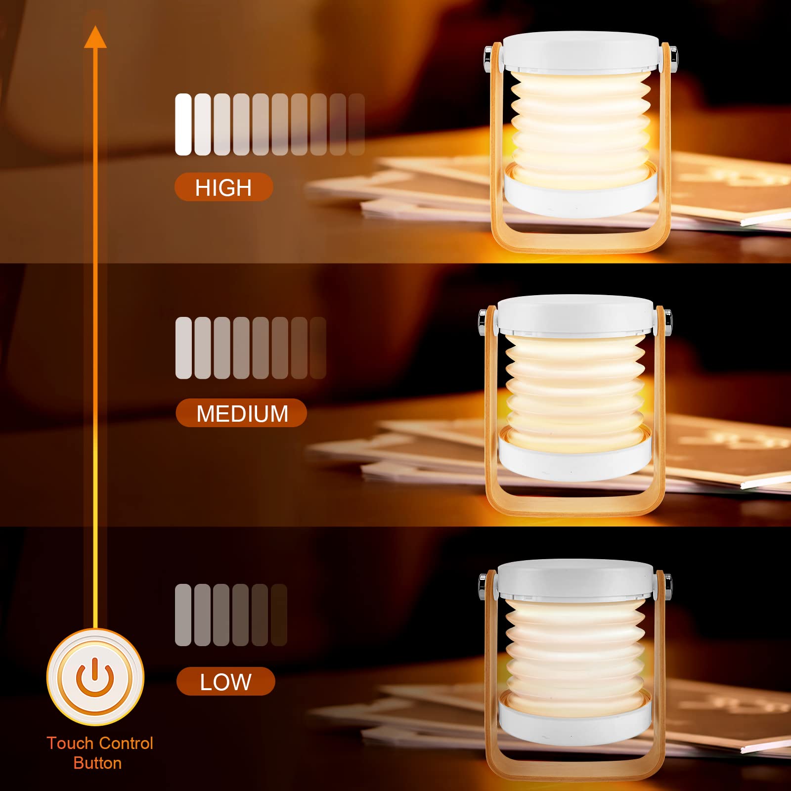 FOLDABLY Lámpara De Mesa De Carga USB, Luz LED Regulable Con Mango De Madera, Rotación De 360 Grados, Linterna Portátil Con Brillo De 3 Niveles, Luz Multifuncional Para El Hogar, Oficina