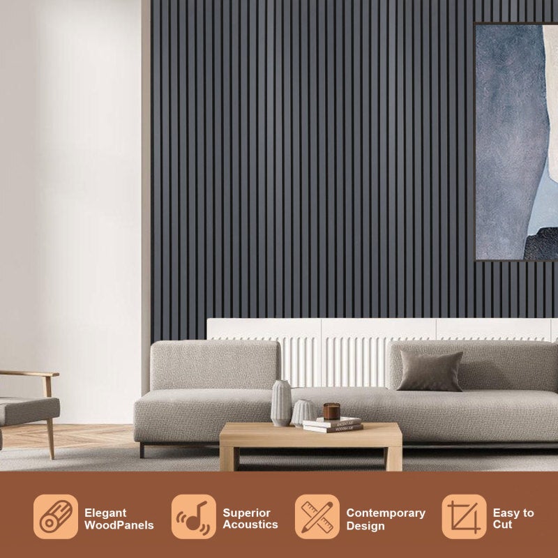 Panel de listones Revestimiento de pared natural Panel acústico de pared moderno de MDF en chapa de madera y fieltro 2x 120x60x2,1cm Gris - 5