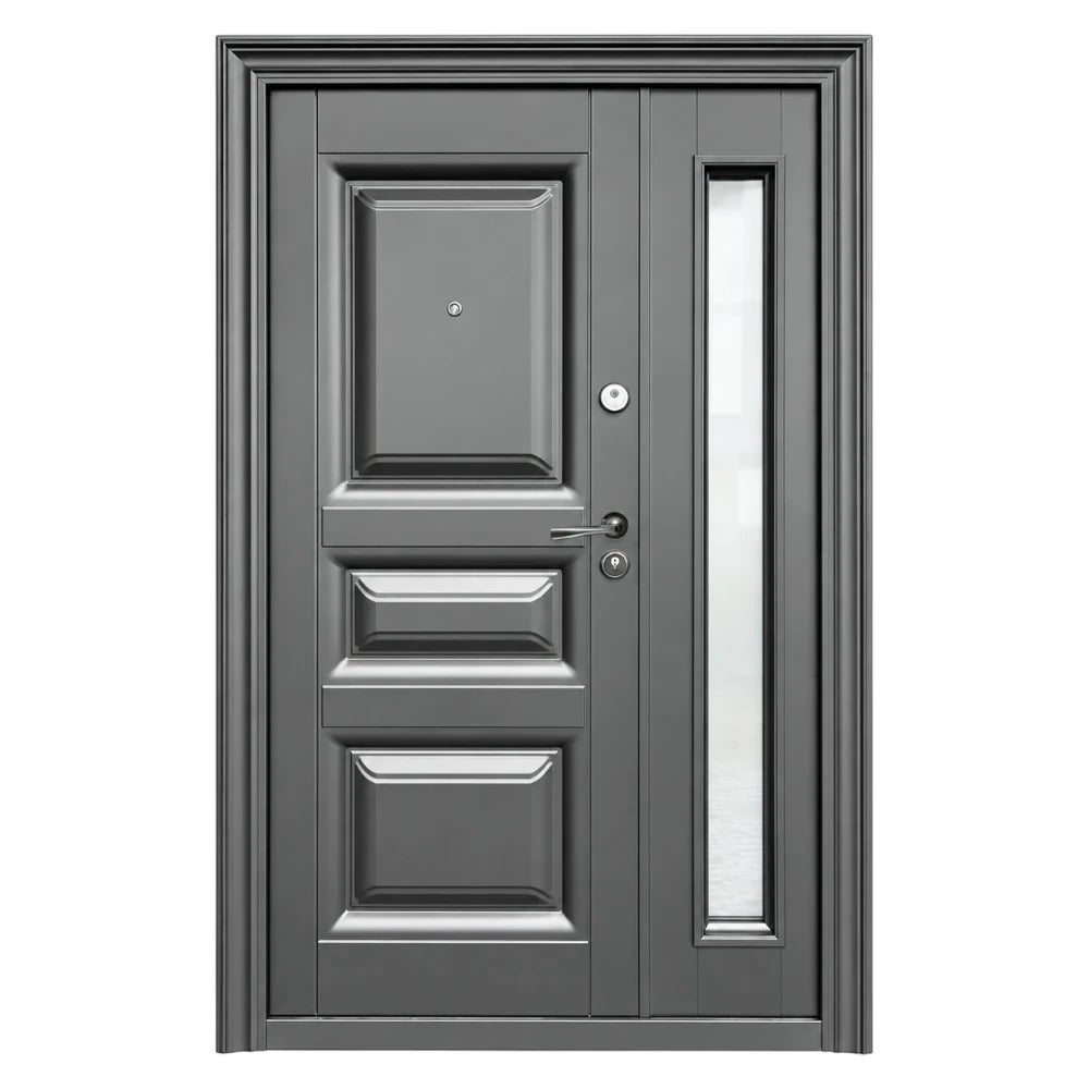 Usa metalica dubla de exterior cu geam termopan si izolatie Novo Doors ND8001, deschidere stanga, 2 yale, 120x200 cm, tabla 0.7 mm, Gri Antracit