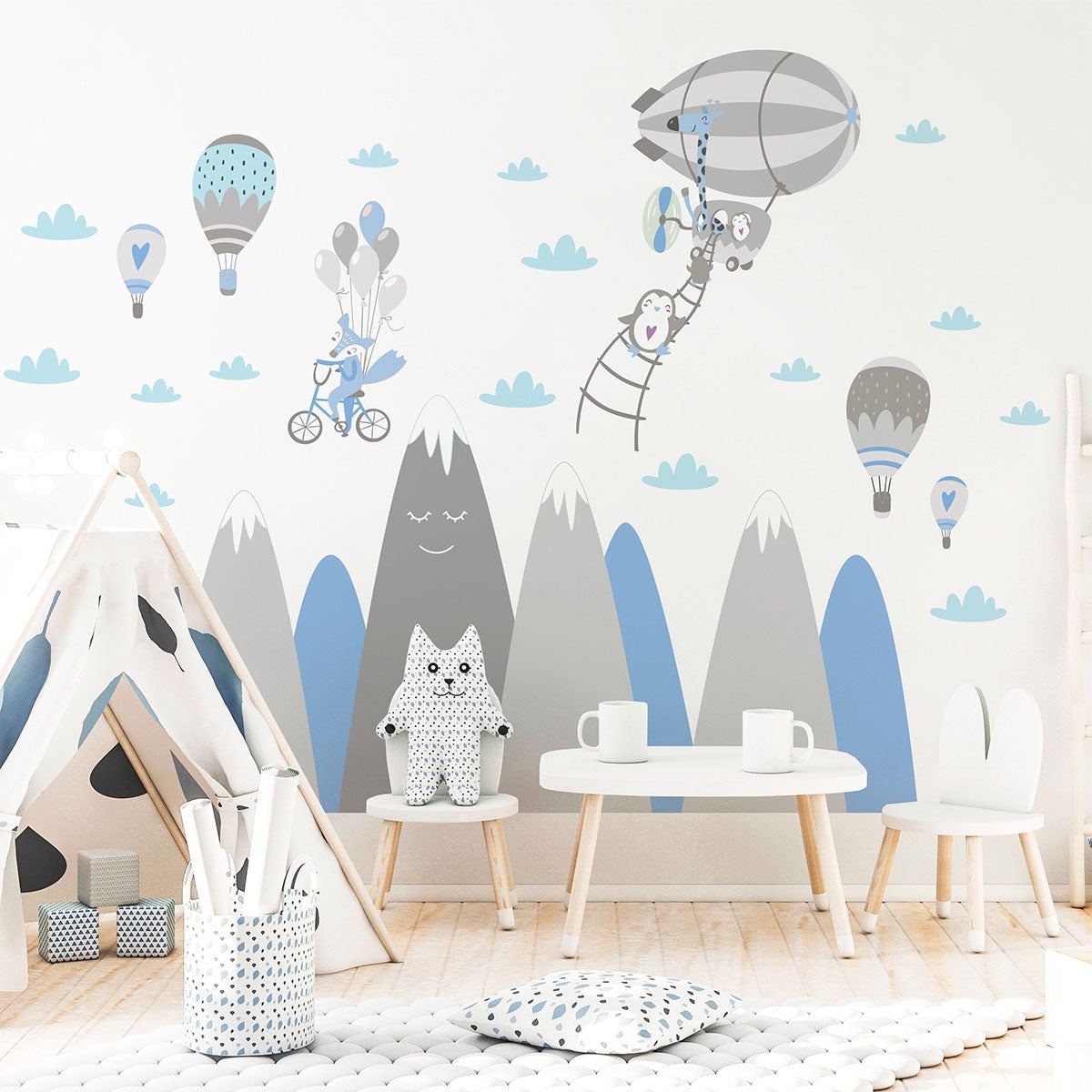 Vinilo niño escandinavo de montaña animales libres - adhesivo de pared - revestimiento sticker mural decorativo - 120x180cm - 3