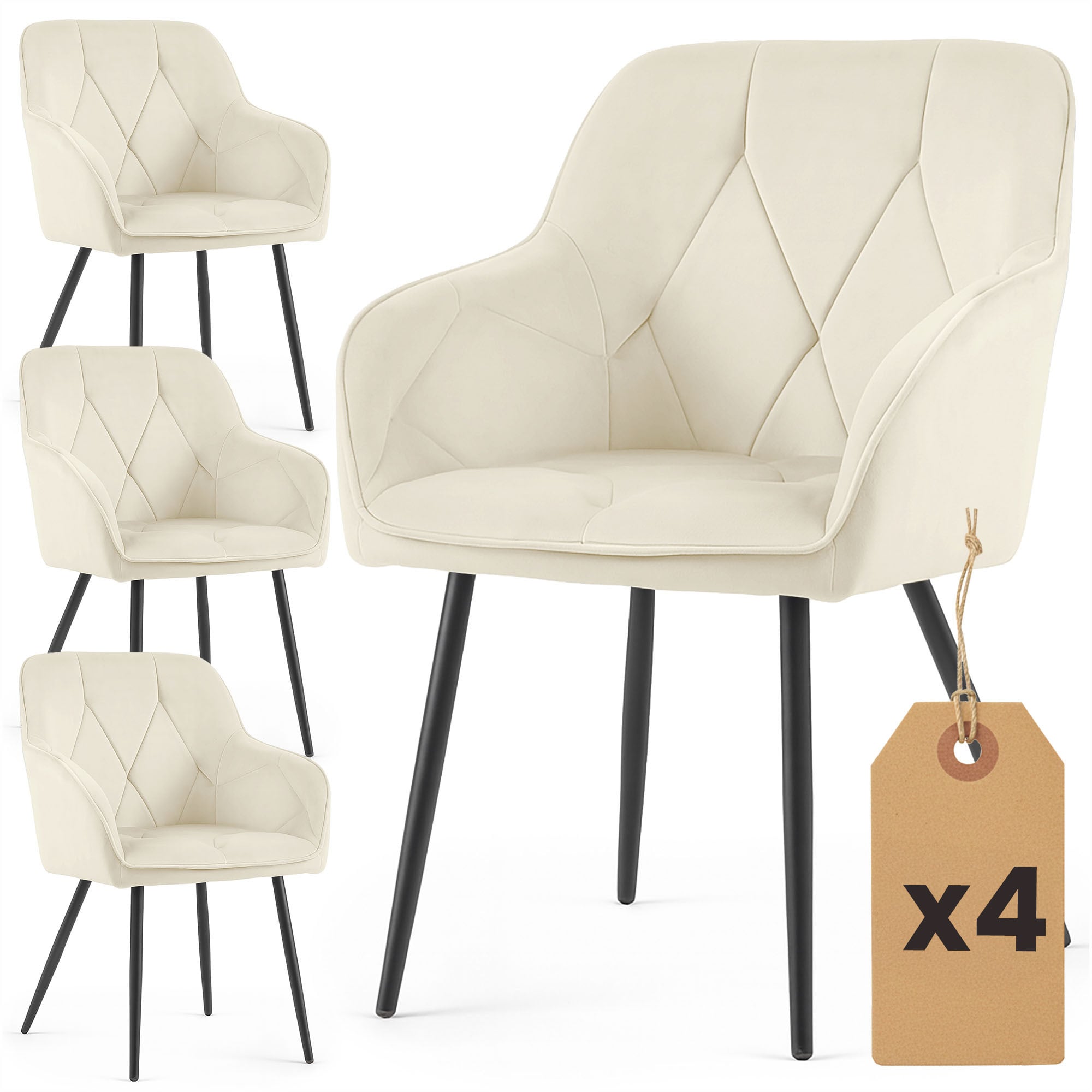 4x Welurowe krzesło tapicerowane pikowane Kremowe DIAMANTE Czarne nogi