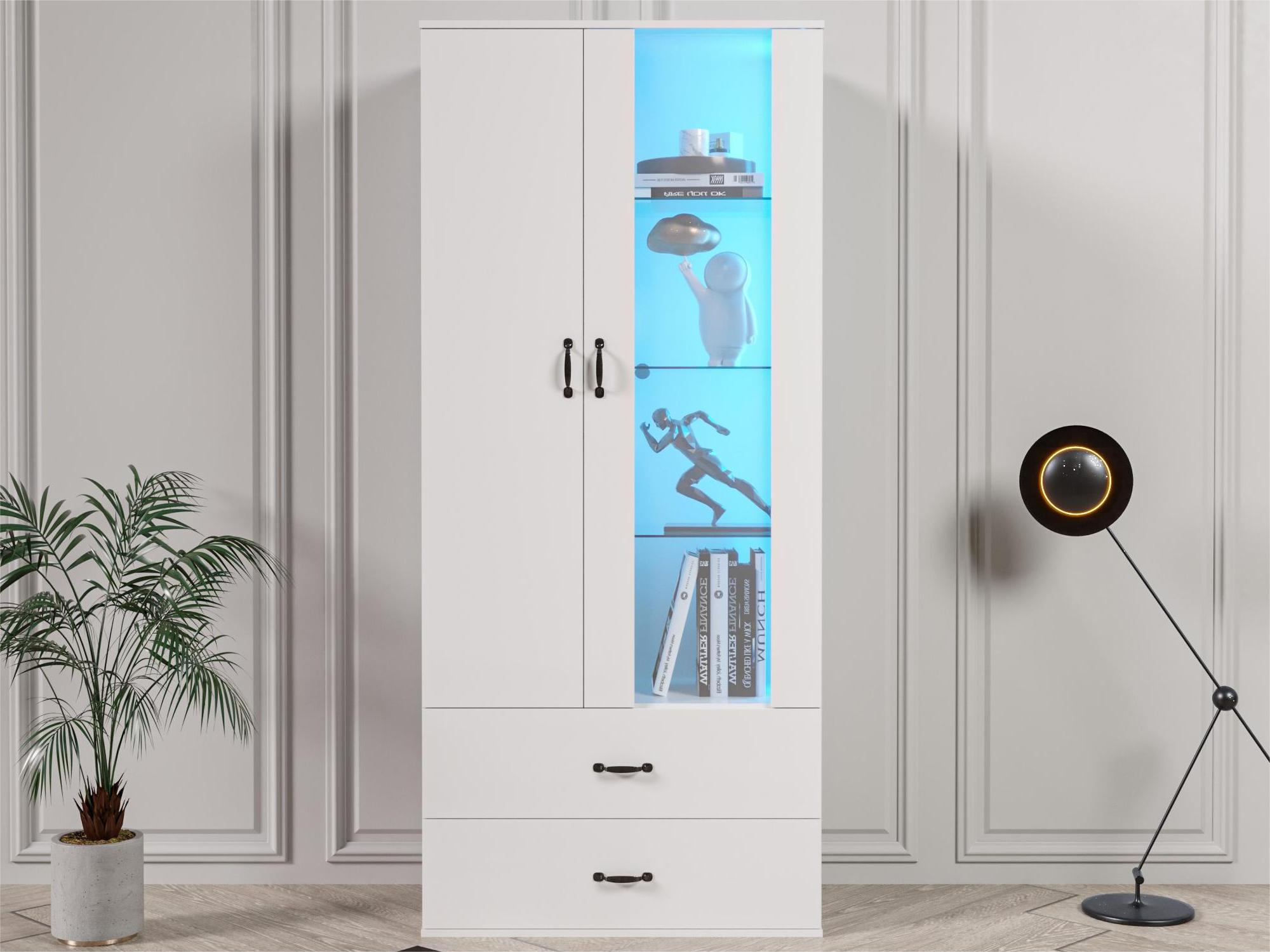 Nowoczesna wysoka komoda z 2 drzwiami i 2 szufladami - diody LED - szkło i płyta wiórowa - biała